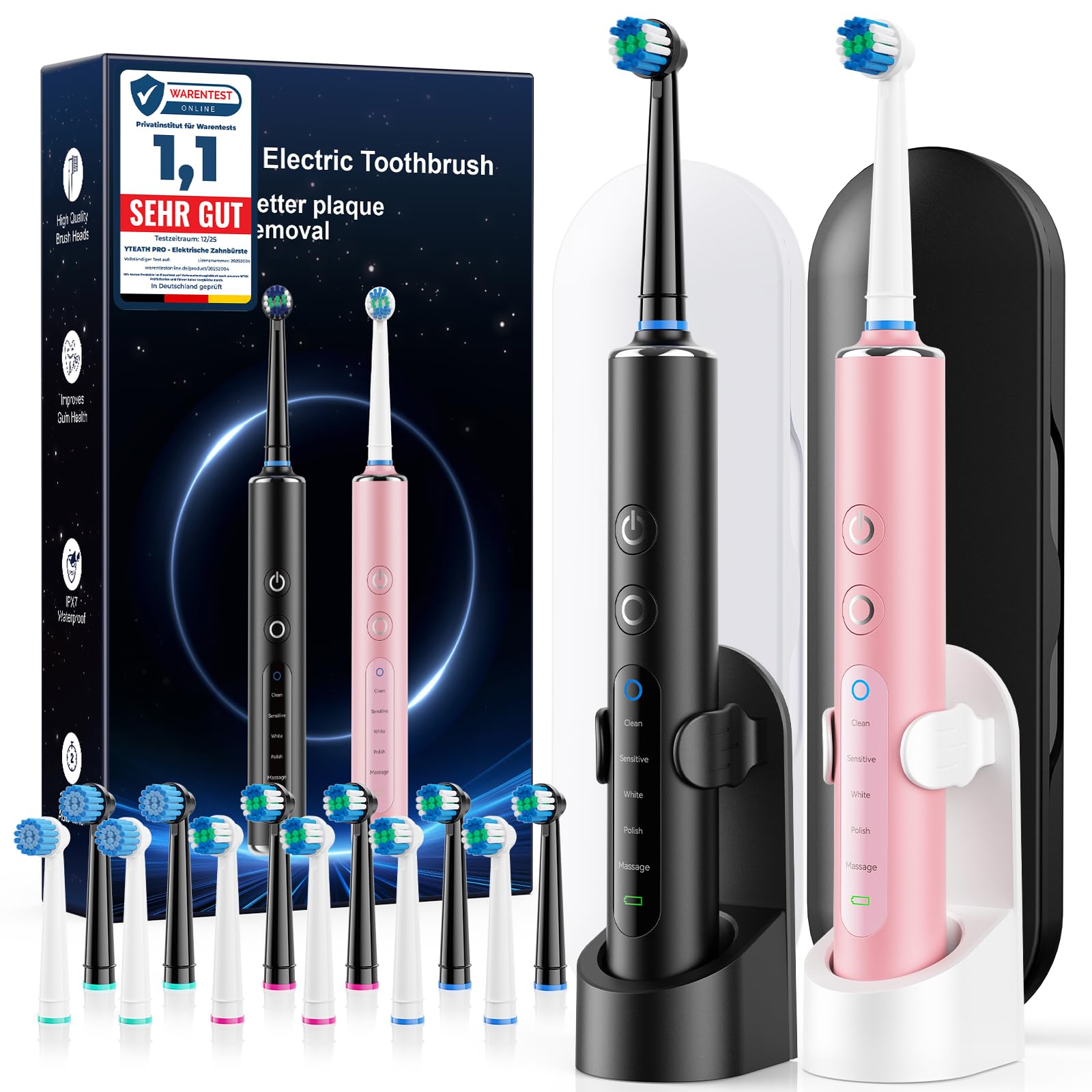 Cepillo de dientes eléctrico rotatorio 2 unidades Negro + Rosa para adultos y niños, 3 intensidades y 5 modos, cepillo dientes electrico con 12 cabezales, 2 estuches de viaje, batería de 120 días