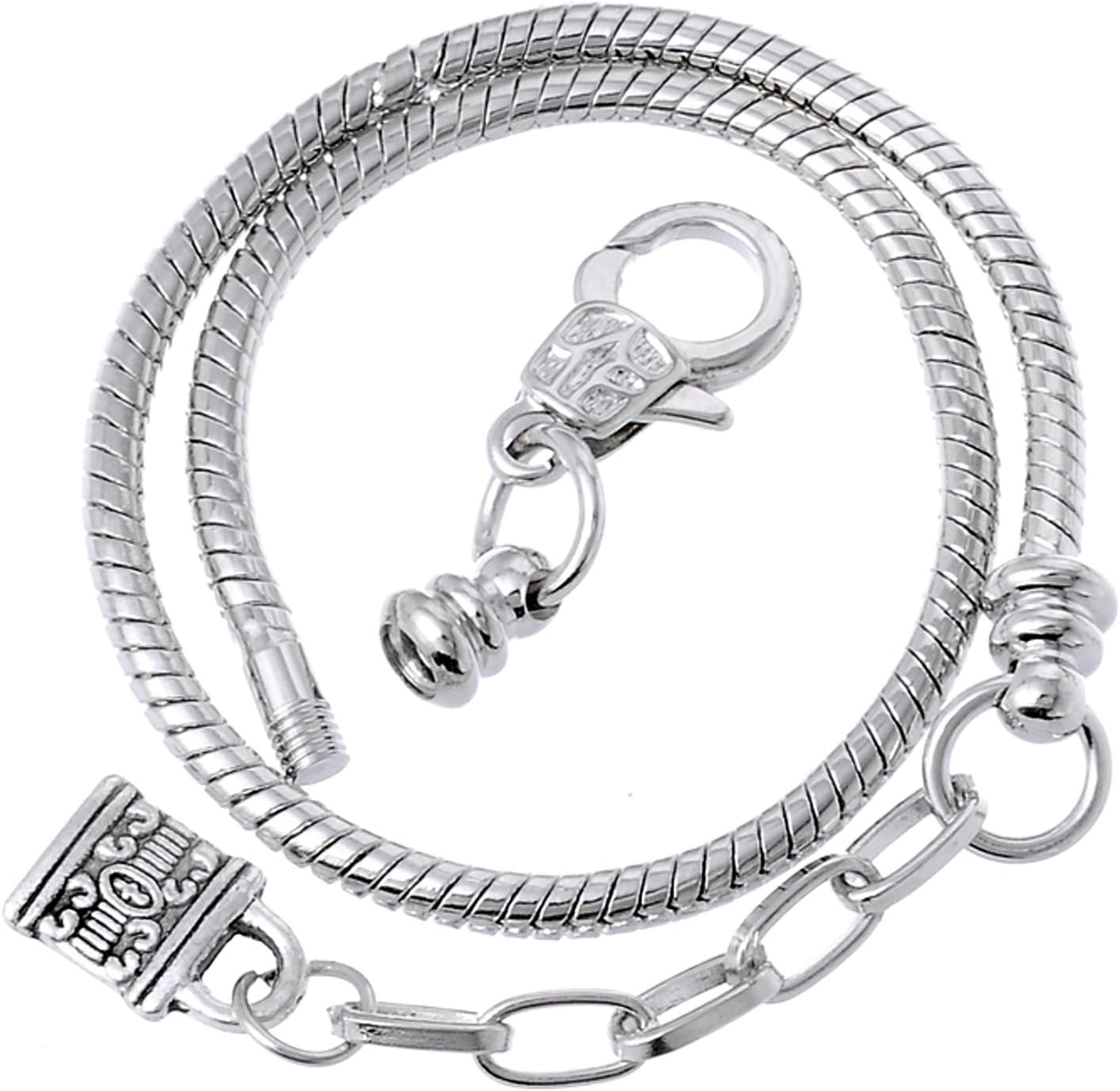 RUBYCA 5pcs 7.5" Lobster Clasp Lock Pendant Bead Snake Chain European Charm Bracelet Silver Tone