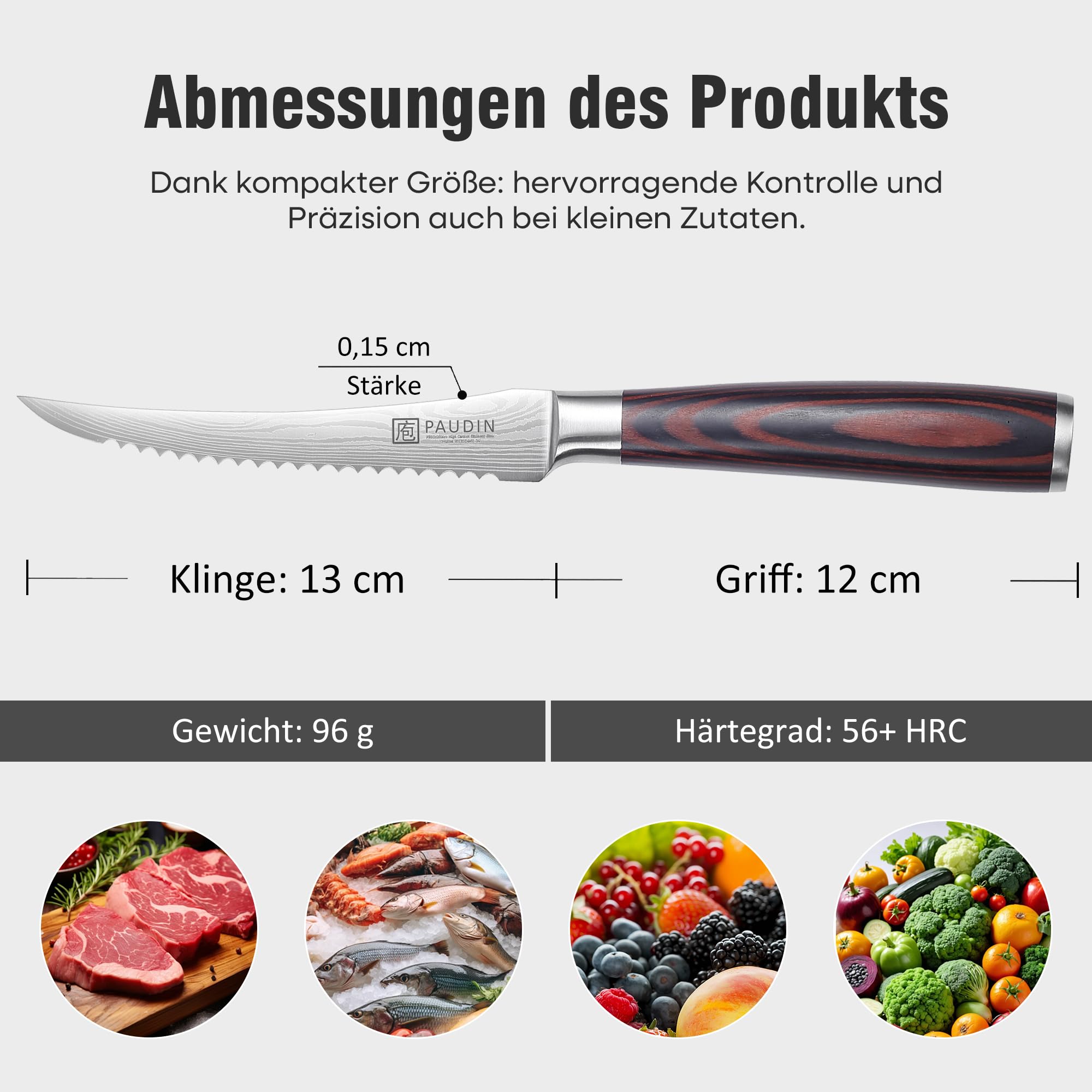 PAUDIN Tomatenmesser 13 CM, Professionelles Küchenmesser für Tomaten, Messer für weiches Obst und Gemüse, Anti-Haft frühstücksmesser, buttermesser mit Scharfes Klinge und Ergonomischer Holzgriff