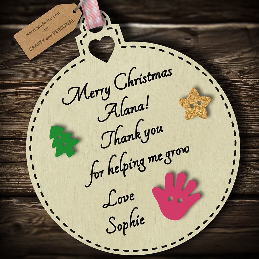 Multi-Colour Personalised Nursery Teacher Merry Christmas Bauble tree decoration wooden thank you hanging ornament keepsake gift present for childminder keyworker (Ivory #2)