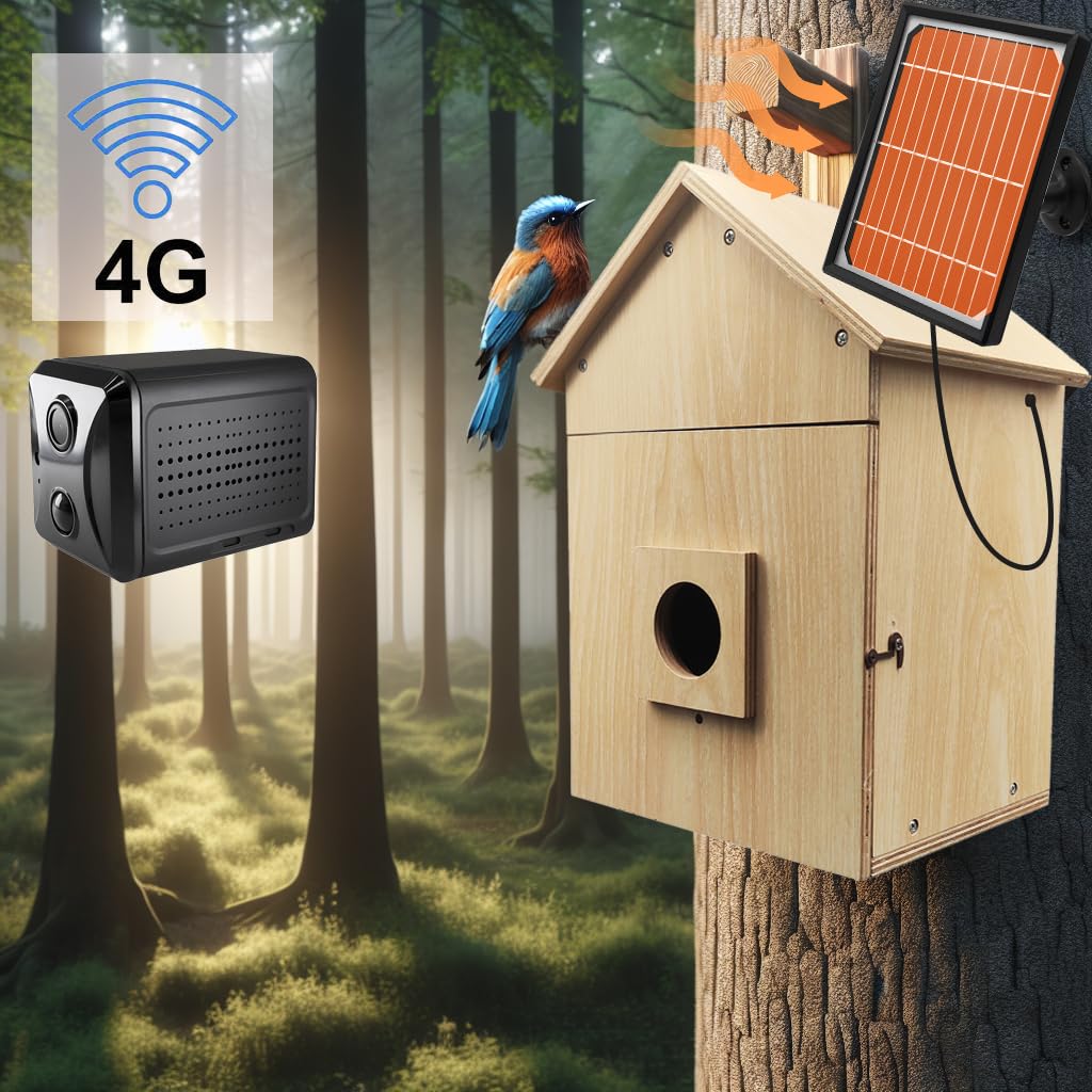 Bird House with 4G LTE Cellular Camera Solar Powered Wireless Outdoors, HD View Nesting & Hatching, Box House for Wild Bluebird Swallow Wren, PIR Detection, SD Card & Cloud Storage, IR Night Vision