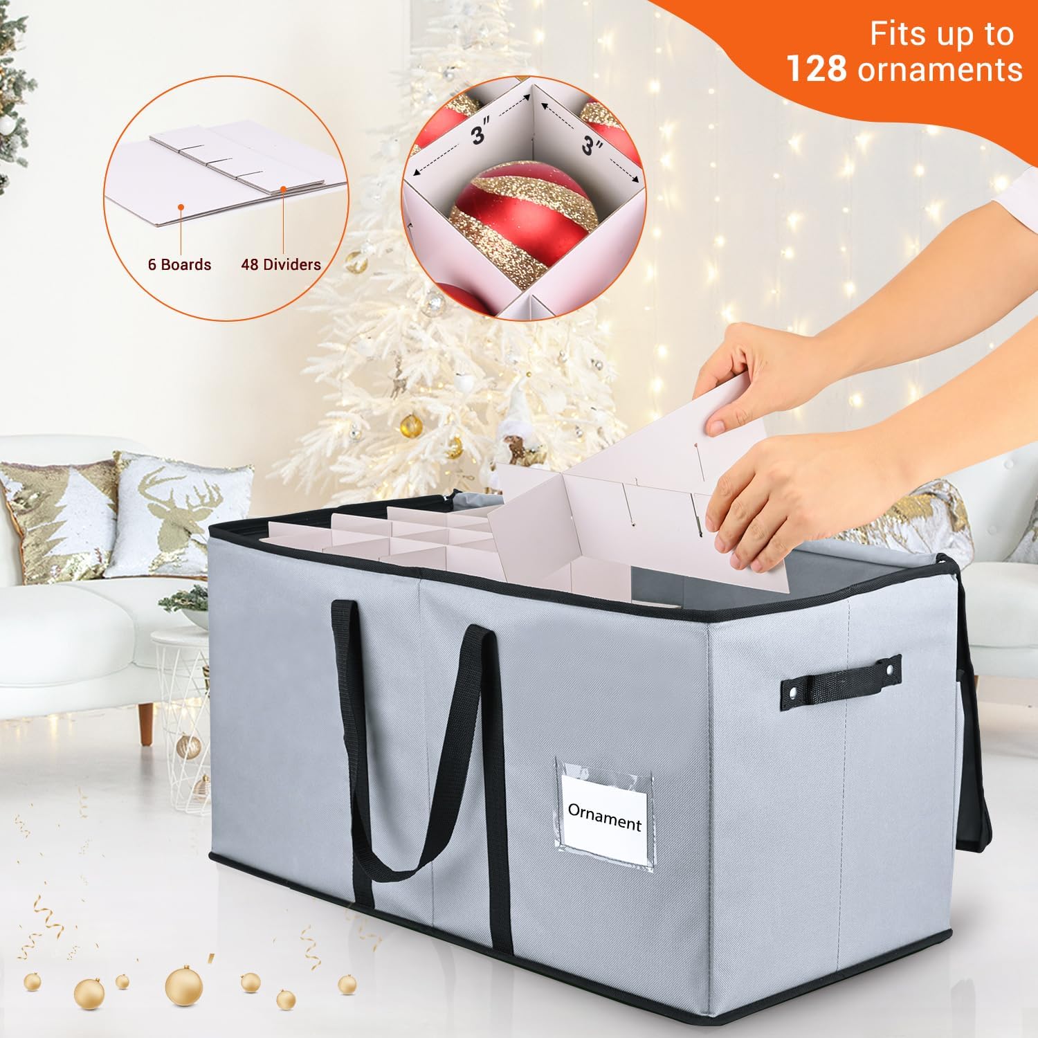 christmas ornament storage box, mrrihand xmas decoration organizer with adjustable dividers - storage container keeps 128 holiday ornaments 3-inch, dual zipper closure, 600d tear-proof material (gray)