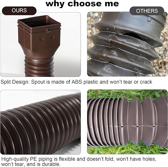 plusgutter Rain Gutter Downspout Extensions, Flexible Downspout Extender for Rain Water Drainage, Down Spout Drain Extension Extendable from 21 to 68 Inches(3 Pack, Brown)