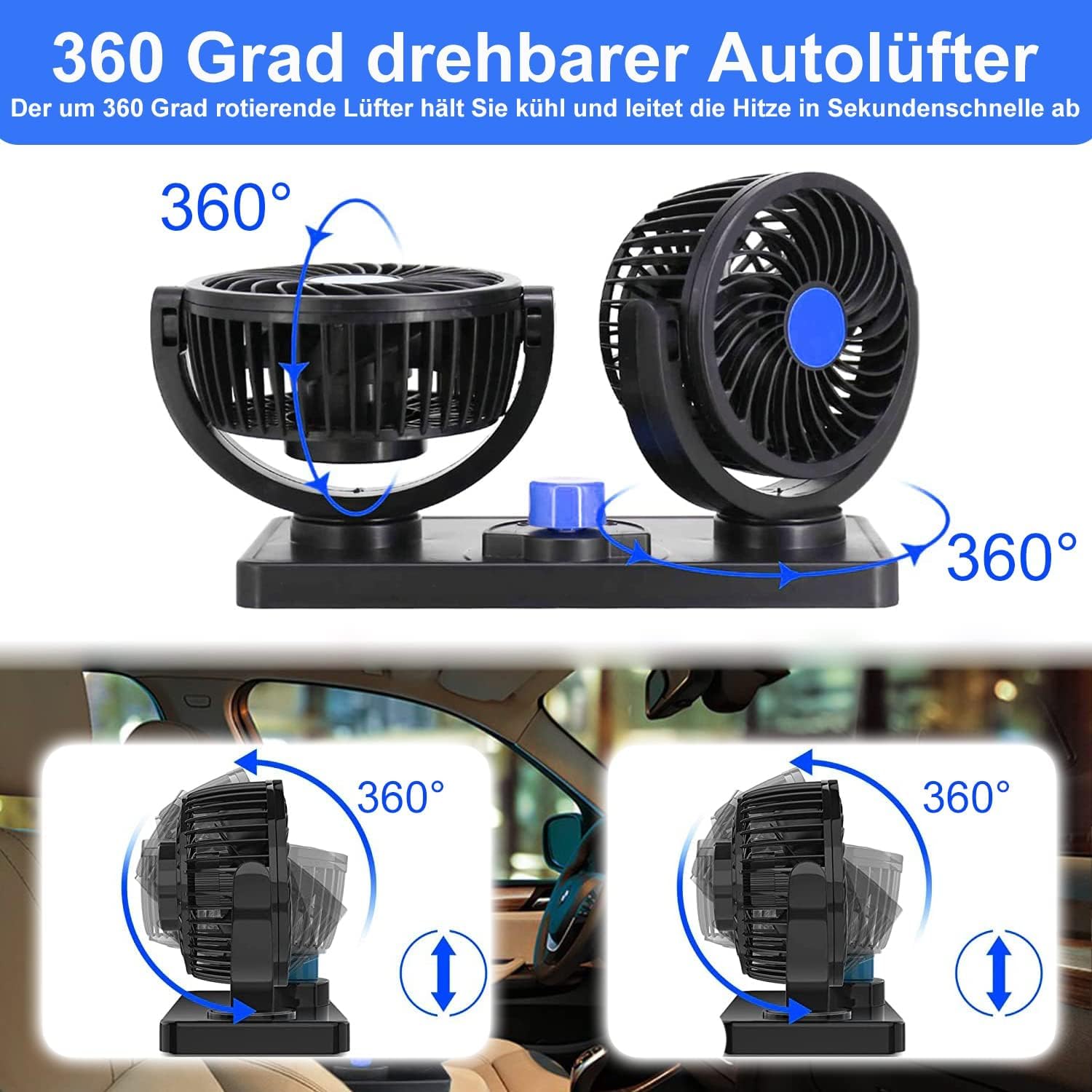 Auto Ventilator, 12V Doppelkopf Ventilator Auto 360 Grad drehbar mit 2 Geschwindigkeiten Doppellüfter Geeignet für 12Volt Autos, LKWs, SUV