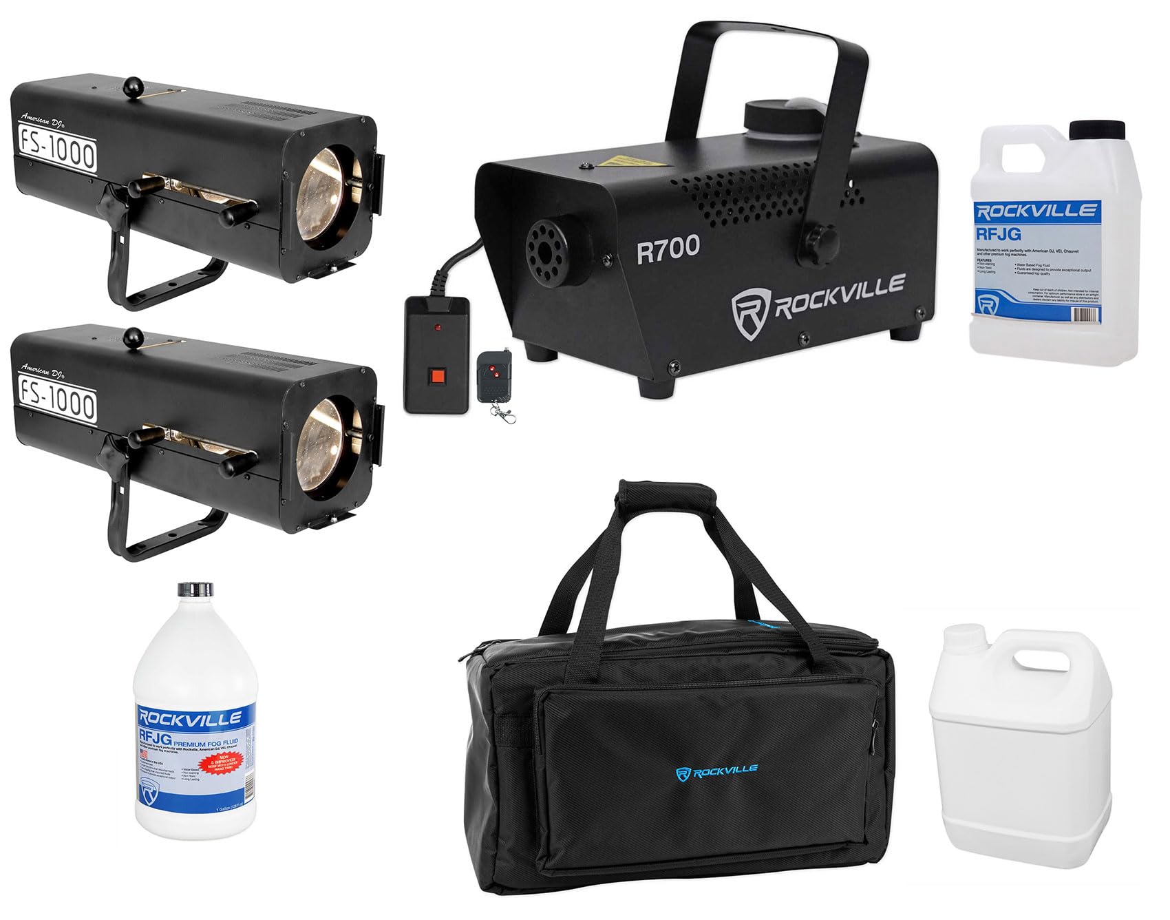 Audiosavings Bundle: (2) American DJ FS-1000 Followspot Light with Halogen Lamp Bundle with Rockville Fog/Smoke Machine, Rockville Waterproof Travel Bag, Gallon Fog/Smoke Juice Fluid (5 Items)
