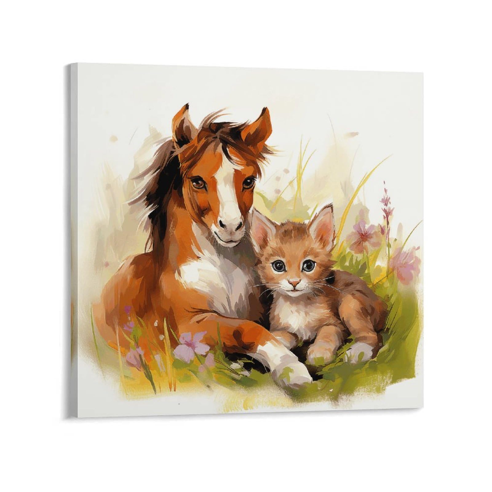 KLOPH Cute Horse And Cat Canvas Wall Art for Living Room 10x10inch Modern Artwork Painting for Bathroom Hanging Canvas Prints Aesthetic Wallart for Bedroom Kitchen Office Wall Decor