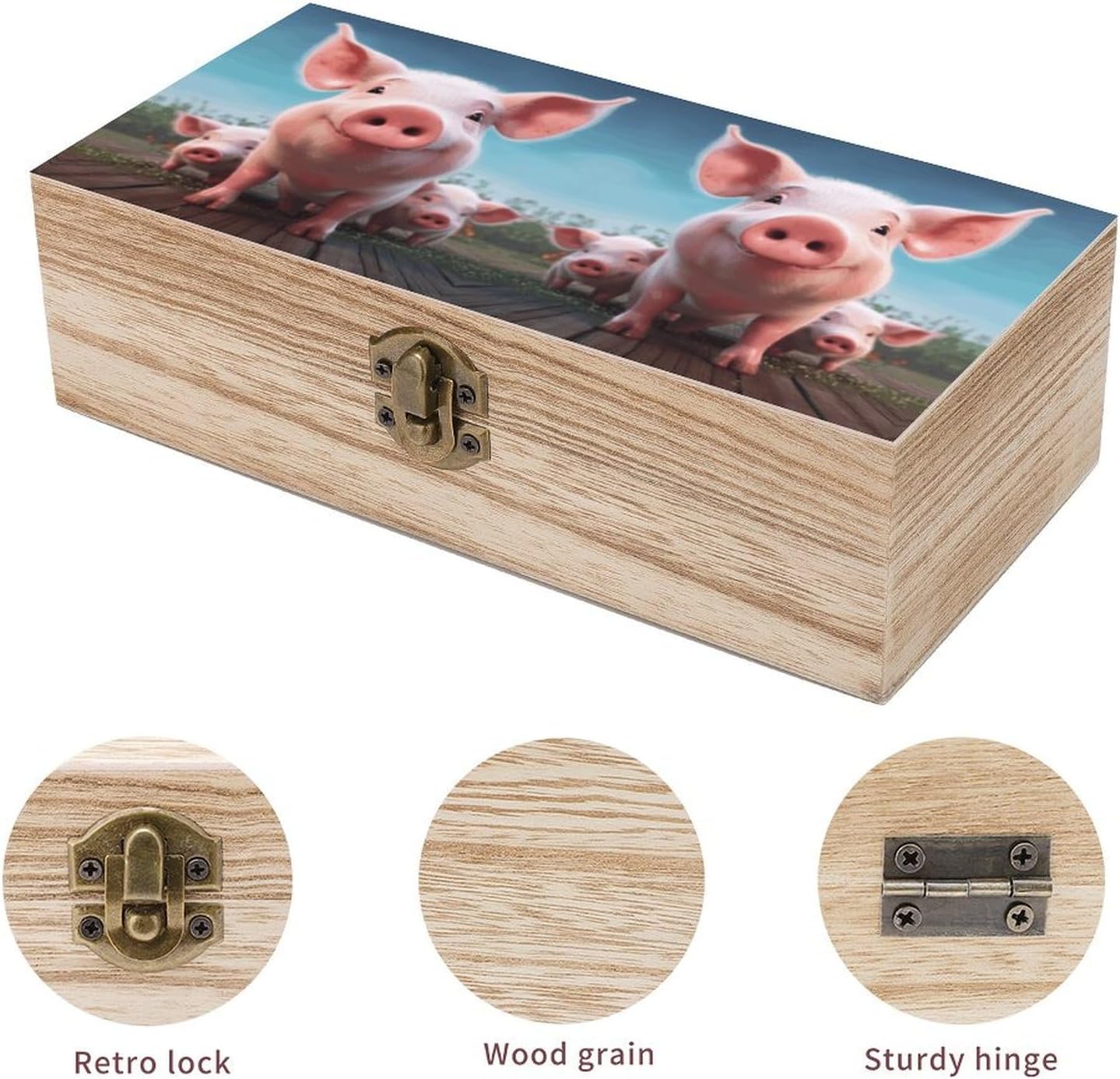 Large Wooden Storage Box With Lid And Front Clasp Funny Cute Pig Office Desk Organizer Bins Beautifully Keepsake Box Memory Boxes Decorative Jewelry Boxes for Crafts Art Gift image 3