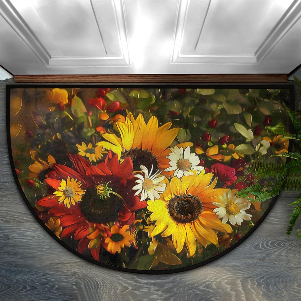 AUUXVA Vintage Sunflower Daisy Half Round Door Mat Indoor Entrance, Sunflower Florals Non Slip Absorbent Doormats, 24 x 36 Wear Resistant Semi Circle Floor Mats Area Rugs for Home Kitchen Patio