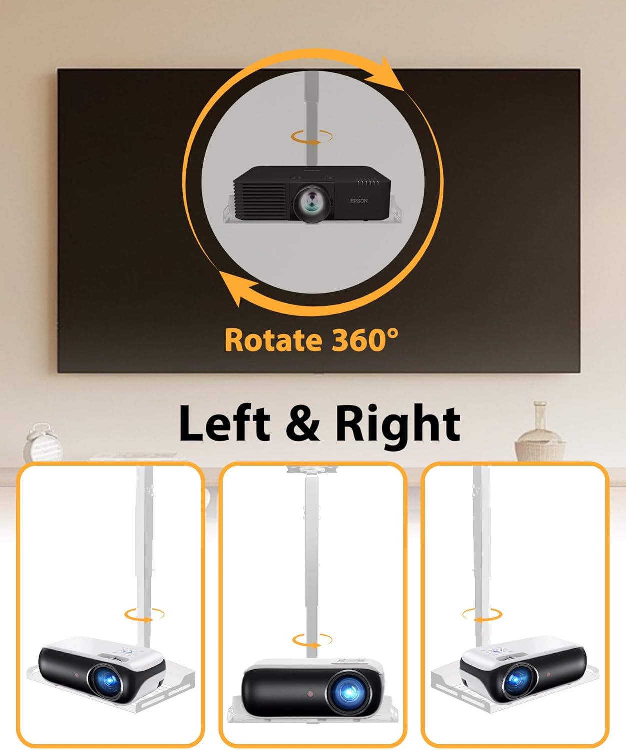 Projector Ceiling Mount - Sturdy & 360° Rotation Ceiling Projector Mount for Seamless Projection, Holds up to 11lbs, Perfect for Home Theater Or Office Setup