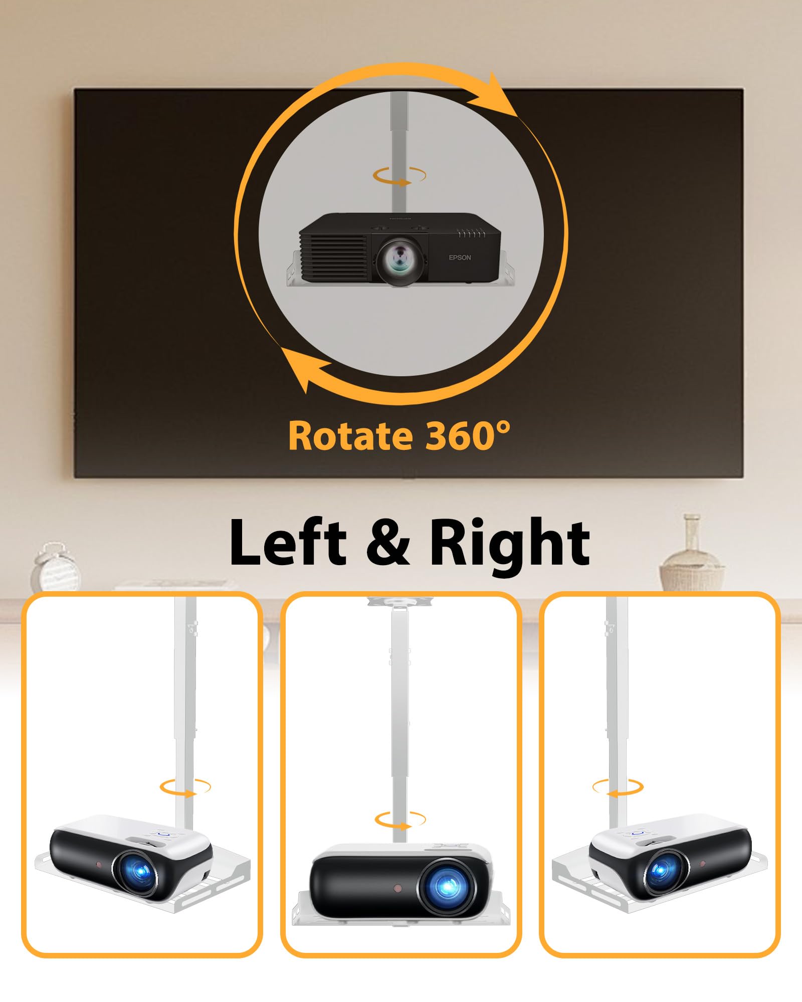 Supporto da soffitto per proiettore, robusto e girevole a 360° per proiezione senza interruzioni, perfetto per l'installazione di home theater o ufficio