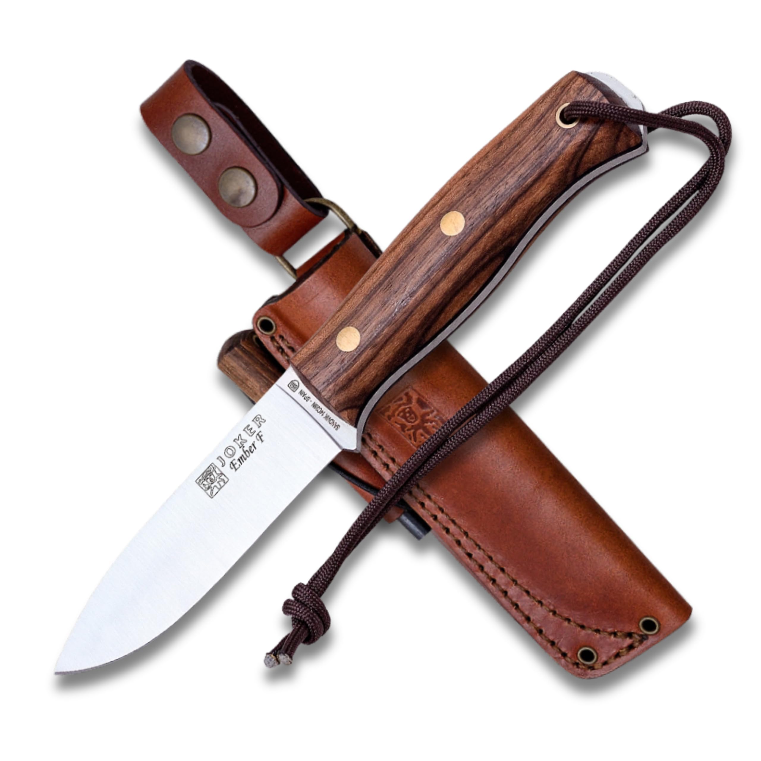 Joker Jagdmesser Ember F, CN123-P, Gürtelmesser mit 10,5 cm Klinge, Walnuss Holzgriff, Lederscheide mit Feuerstahl, Sandvik Stahl 14C28N, Werkzeug zum Angeln, Jagen, Camping und Wandern