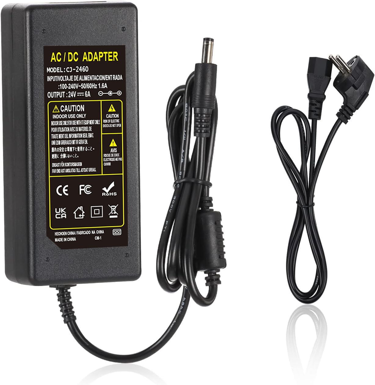 Adaptador de Fuente de alimentación 24V 6A, Fuente de alimentación LED 100-240V AC/DC Transformador de Salida DC 5.5mm x 2.1mm Fuente de alimentación Universal 24V 144W para 5050 3528 LED Strip