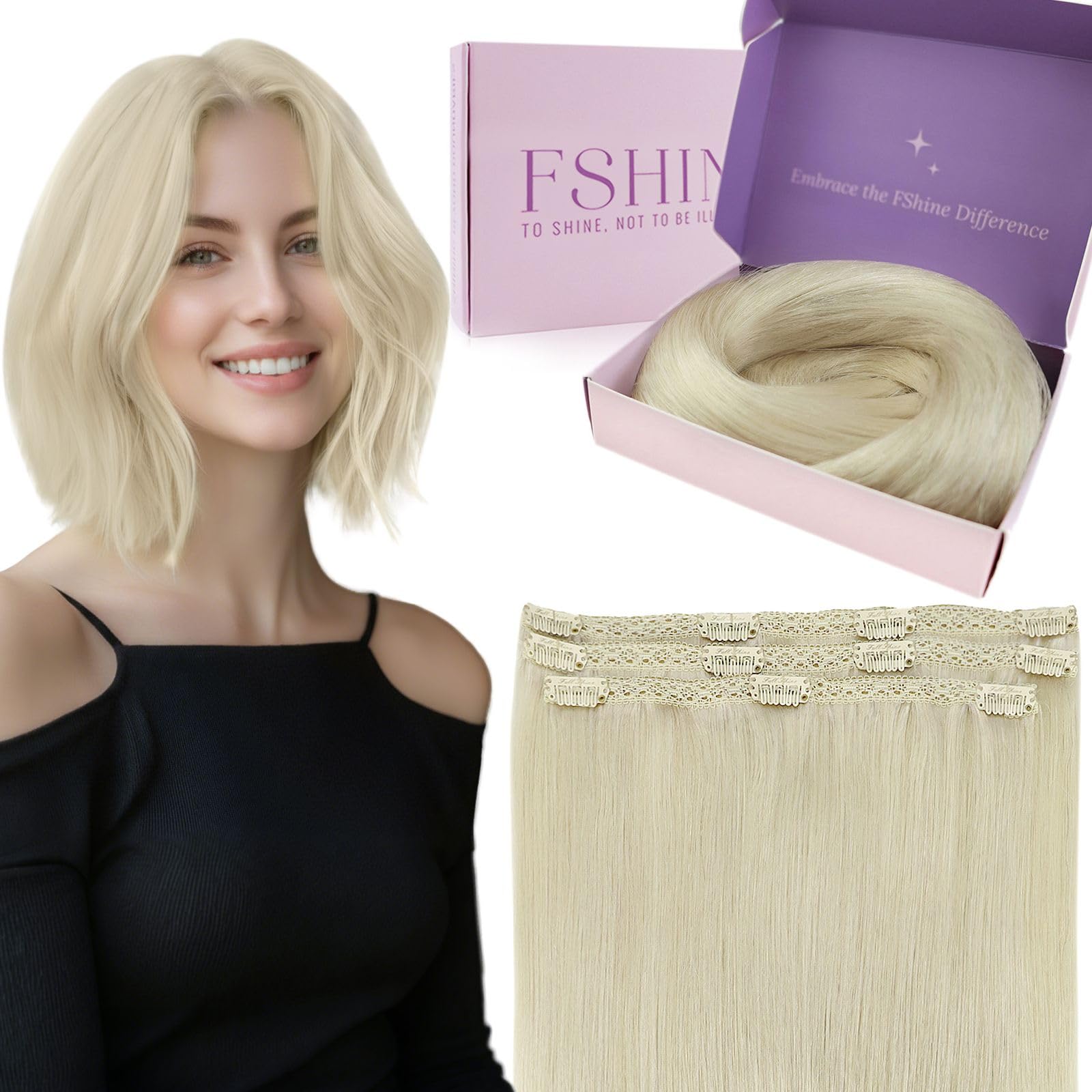 Fshine Clip Extensiones Humano 22 Pulgadas 55CM 120g Extensiones de Pelo Rubio Blanco Remy Hair Clip in Extensiones 7 Piezas Color 60 Extensiones de Cabello Natural Color 60 — view 46