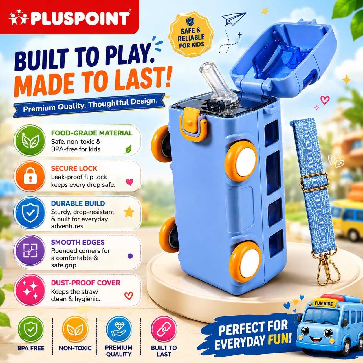 PLUSPOINT Bus Shape Water Bottle for Kids Detachable Straw with Shoulder Strap Leak-Proof Cartoon Water Bottle with Wheels (Color-Blue), Silicone, 500 ML — Amazon image 2