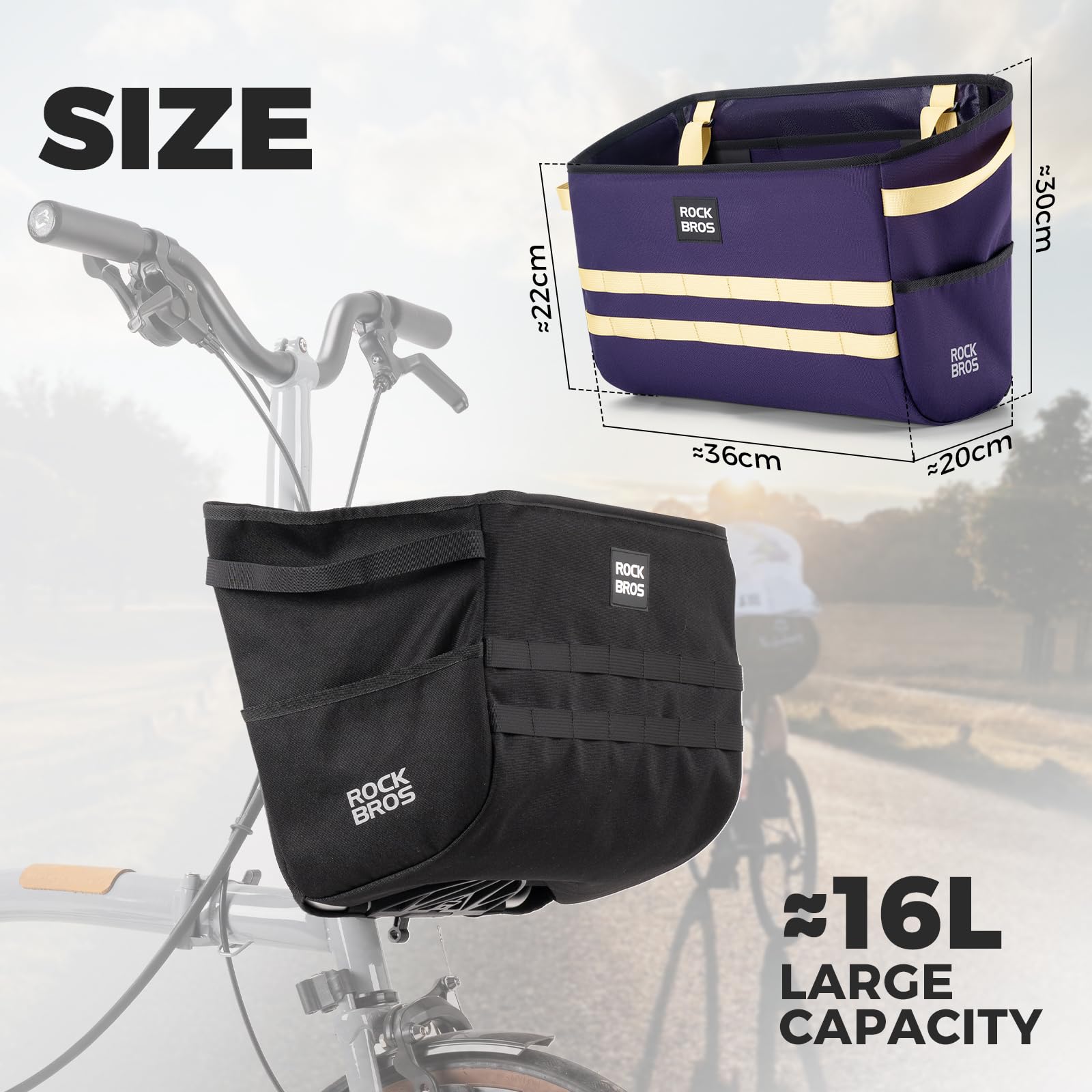 ROCKBROS Borsa Manubrio per Bici Brompton, Cestino Bicicletta Anteriore per Bici Pieghevole Resistente All'Acqua, 16L Grande Capacità per Ciclismo, Viaggiare, Il Pendolarismo Quotidiano, Nero