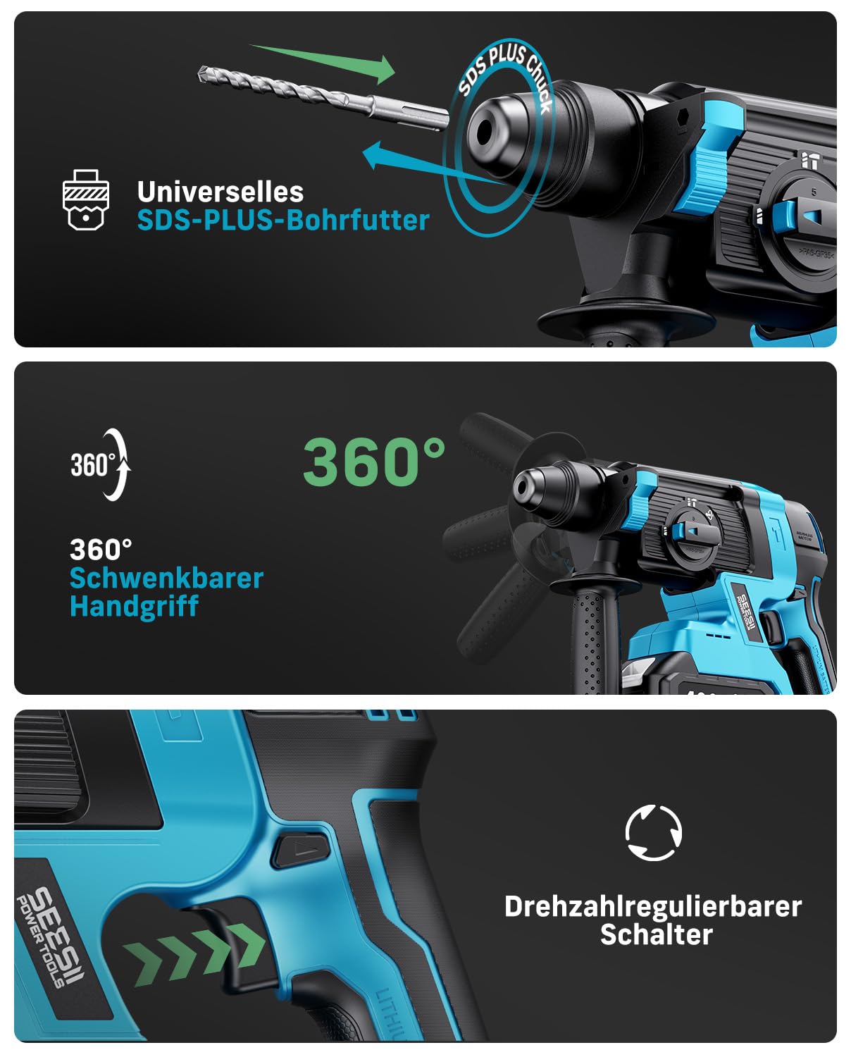 SEESII 2.8J Martello Perforatore a Batteria, 4-In-1 Trapano Tassellatore con 2 Batterie 4.0Ah (Compatibile con le batterie Makita da 18 V), per Cemento e Ristrutturazione, con Punte, Scalpelli