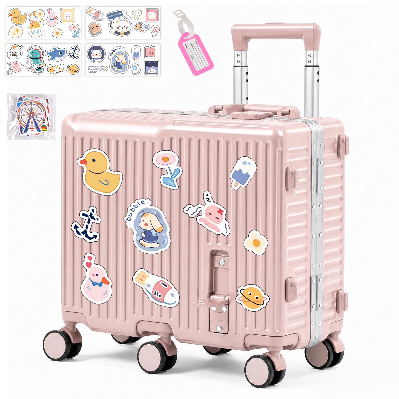 Kids Ride-On Luggage, 20" Aluminum Frame Carry-On with 6 Wheels (Pink) | Premium Construction, 200 lb Capacity, Foldable Footrest, Dual Locks, Easy-Lift Handles & Utility Hook for Family Travel