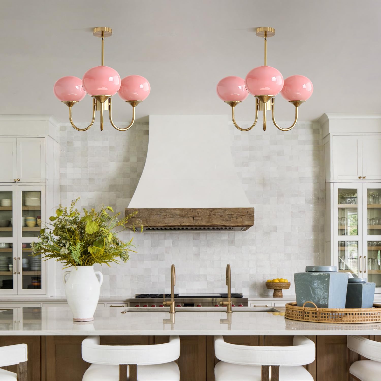 Pink Globe Chandelier for Girls Room Mid Century Modern 3 Light Pendant Lights Vintage Gold Semi Flush Dining Room Light Fixture Retro Pink Ceiling Lamp