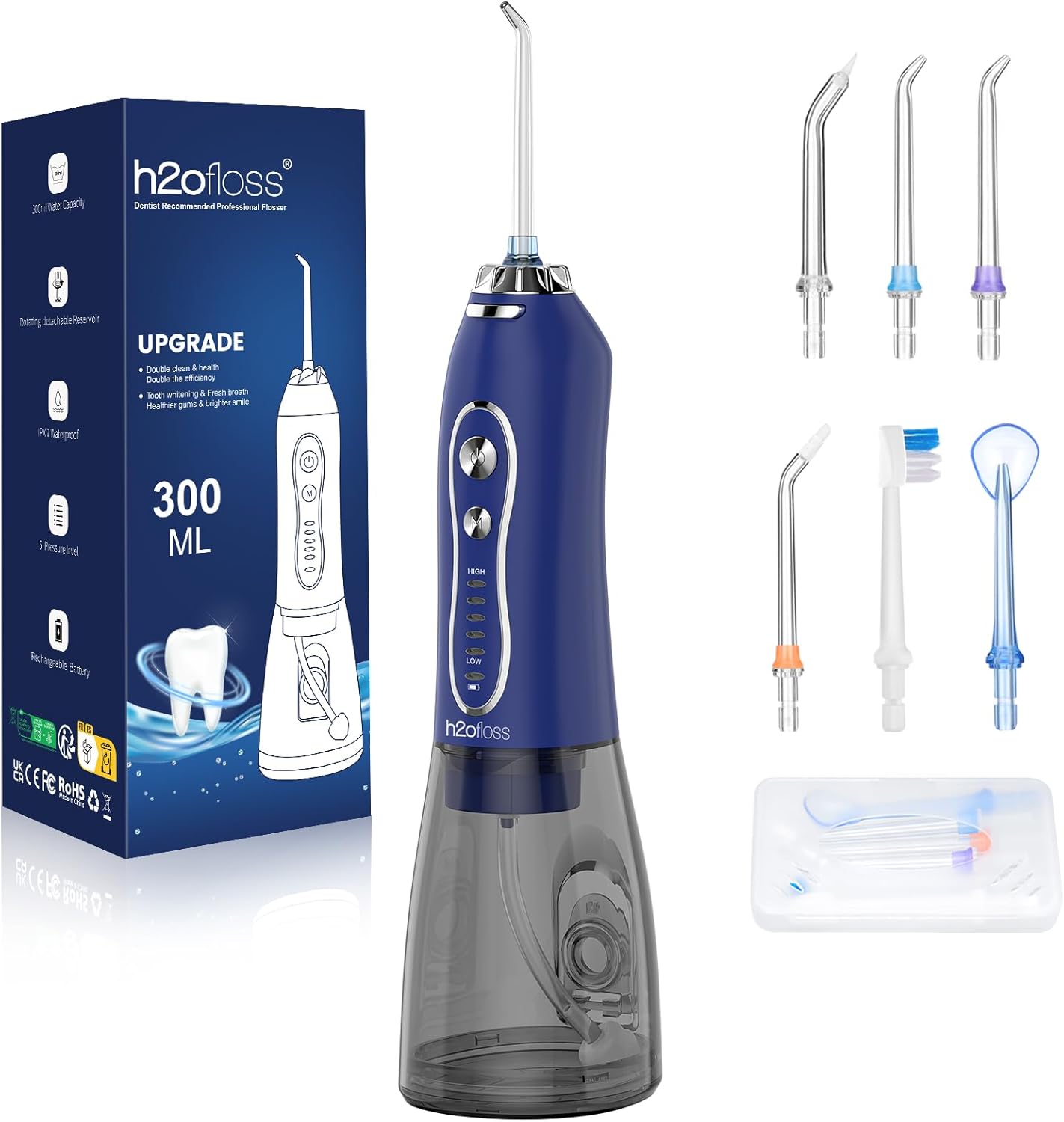 H2ofloss Water Dental Flosser Pick for Teeth: 5 Modes Cordless Portable 300ML Larger Tank Water Teeth Cleaner IPX7 Waterproof Flossing Cleaning Picks for Home Travel Dark Blue
