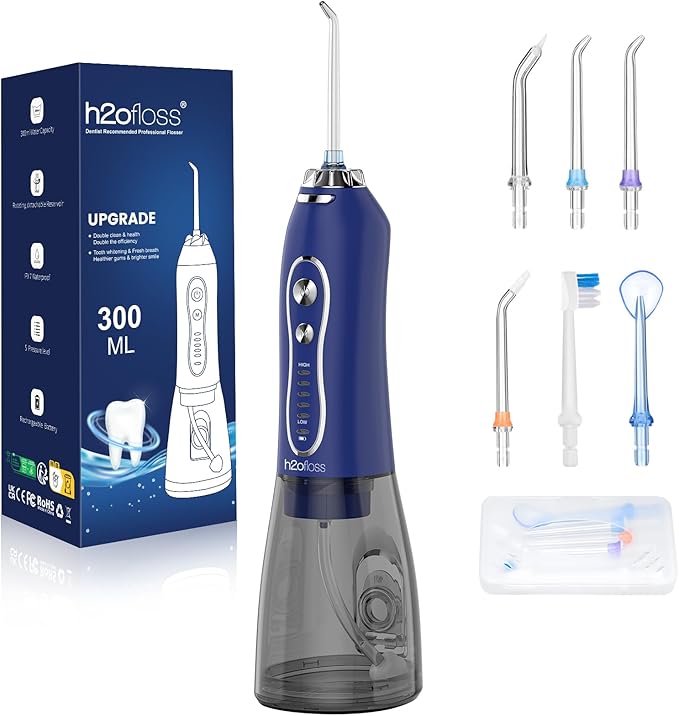 H2ofloss Water Dental Flosser Teeth Pick -Portable Oral Irrigator with 5 Modes, Rechargeable IPX7 Waterproof Orthodontic Teeth Cleaner Pick Cordless for Home Travel-300ml Water Tank