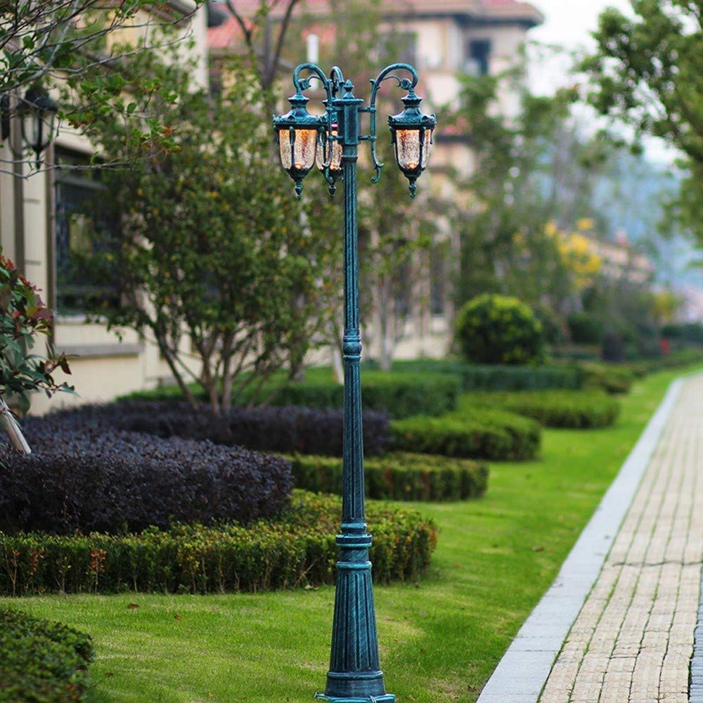 Vintage 205cm Outdoor Metal Patio Light European 3-head E26/E27 LED Street Column Lights Contemporary Glass High Pole Landscape Lantern Garage Gazebo Fence Patio Lighting