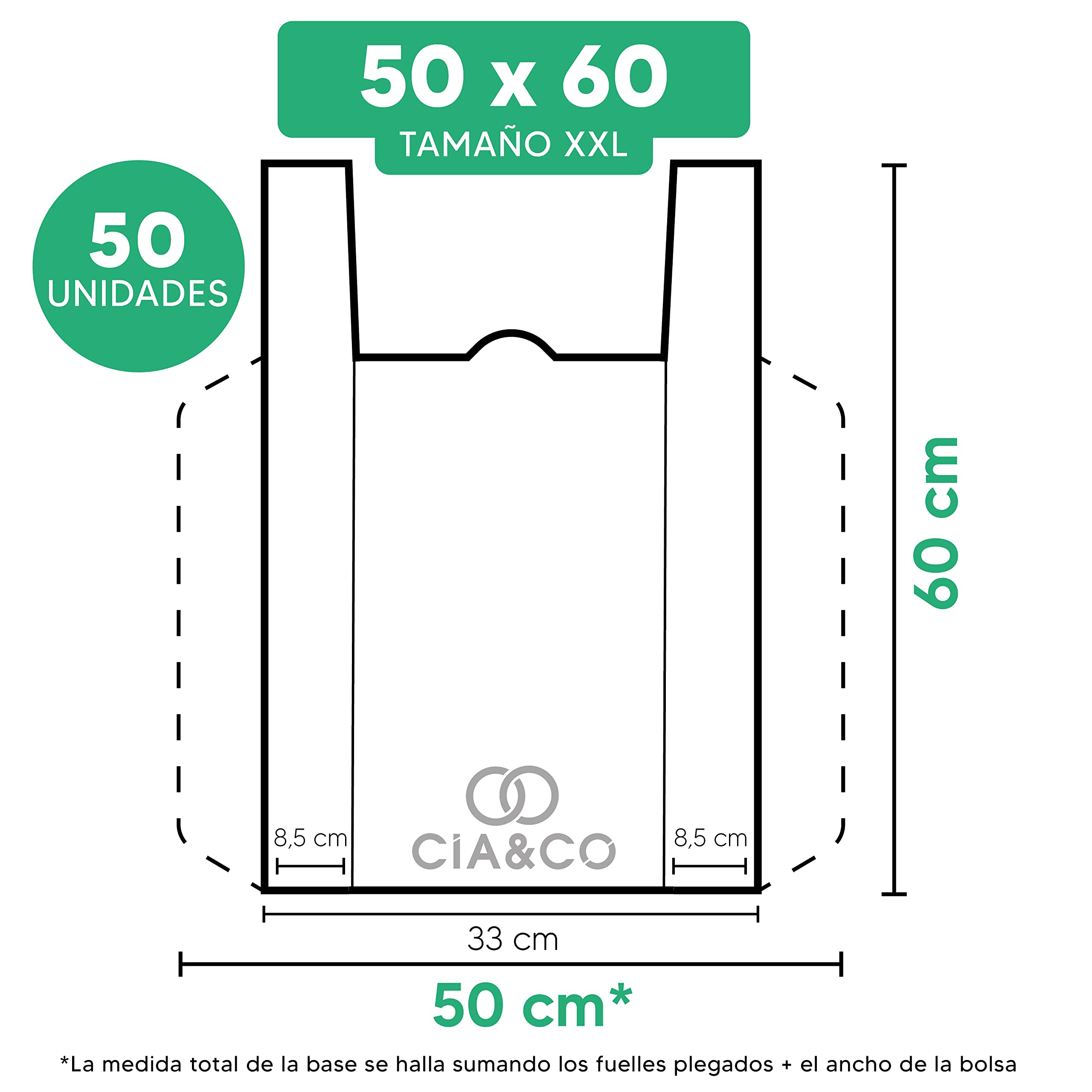 Bolsas de Plástico 70% Reciclado XXL 50x60 cm 50 Uds Aptas Uso Alimentario Galga 200 Tipo Camiseta
