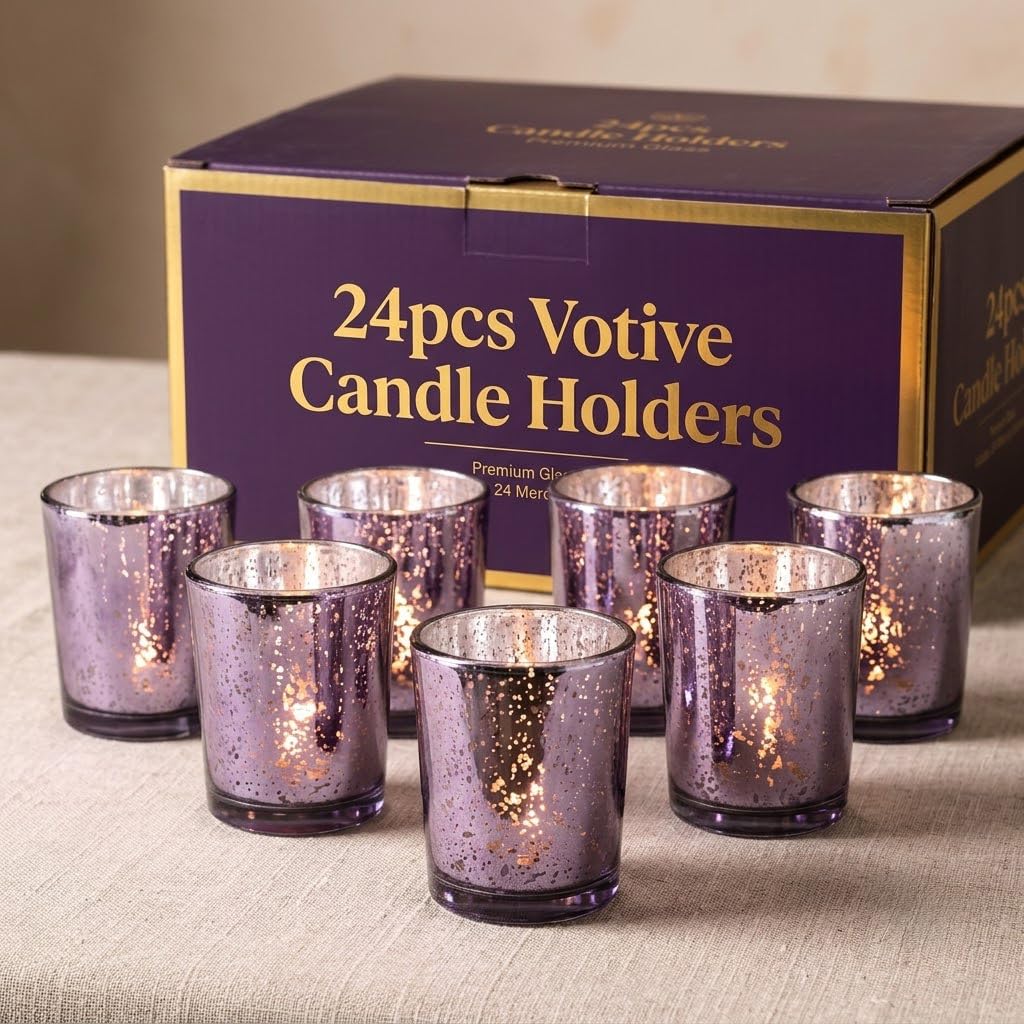 LETINE 24pcs Purple Votive Candle Holders – Glass Tea Light Candles Holder, Standard Votive Size for Regular Votive Candles– Bulk Candle Holder for Party Decoration, Bridal Shower, Home Decor
