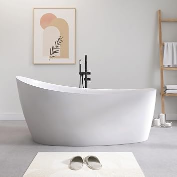 SJ STAR&JANE 65" Solid Surface Freestanding Bathtub, Matte White Oval Soaking Stone Resin Tub with Overflow and Pop-up Drain for Modern Bathrooms