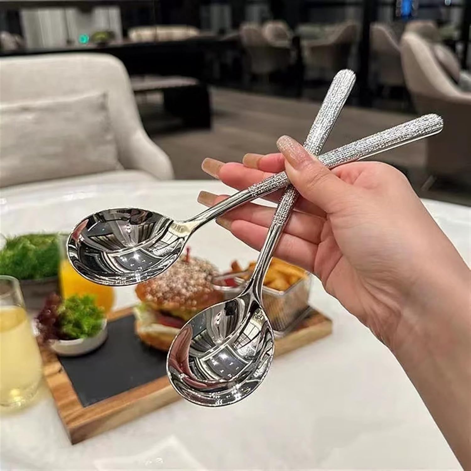 Soup Spoon Shiny Stainless Steel Thick Spoons, High Grade Long Handle, Table, Set of 2 Ice Cream Scoop