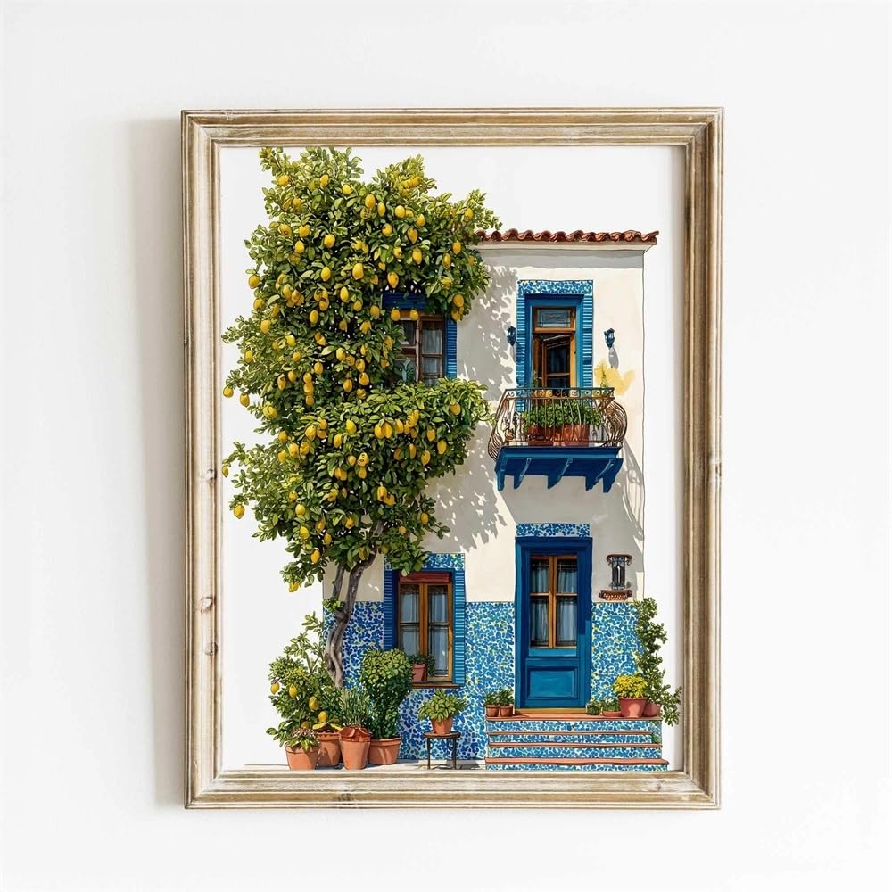 LTjiajuypd Canvas Painting Mediterranean Cafe Wall Art Prints Lemon Tree Cafe Coastal Poster Courtyard Watercolor Art Decor(60x85cm)