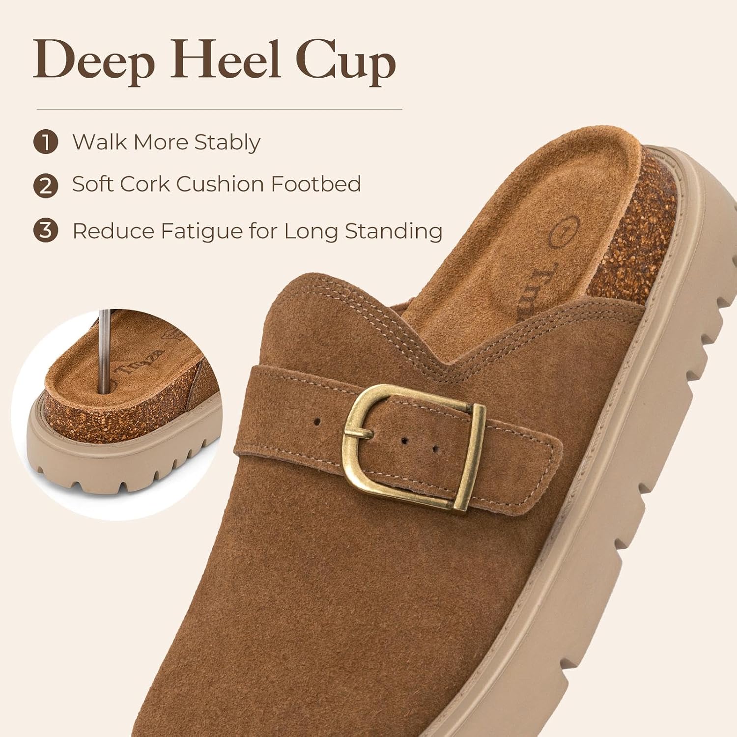 Women Platform Clogs Mules Medium Arch Support Closed Toe Walking | 100% Geninue Suede Potato Shoes Adjustable Buckles Non-Slip Slip on Slide Sandal for Casual Work Travel Nurse Home Wear