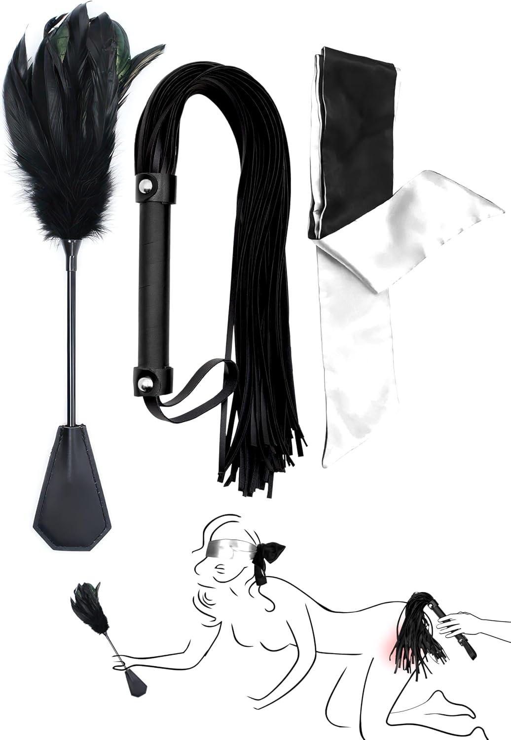 Sex Whip for Bedrom Play BDSM Flogger, Adult Crop Tickler for Beginners and Sex Blindfold 59" - 3pcs Bondage Restraints Set