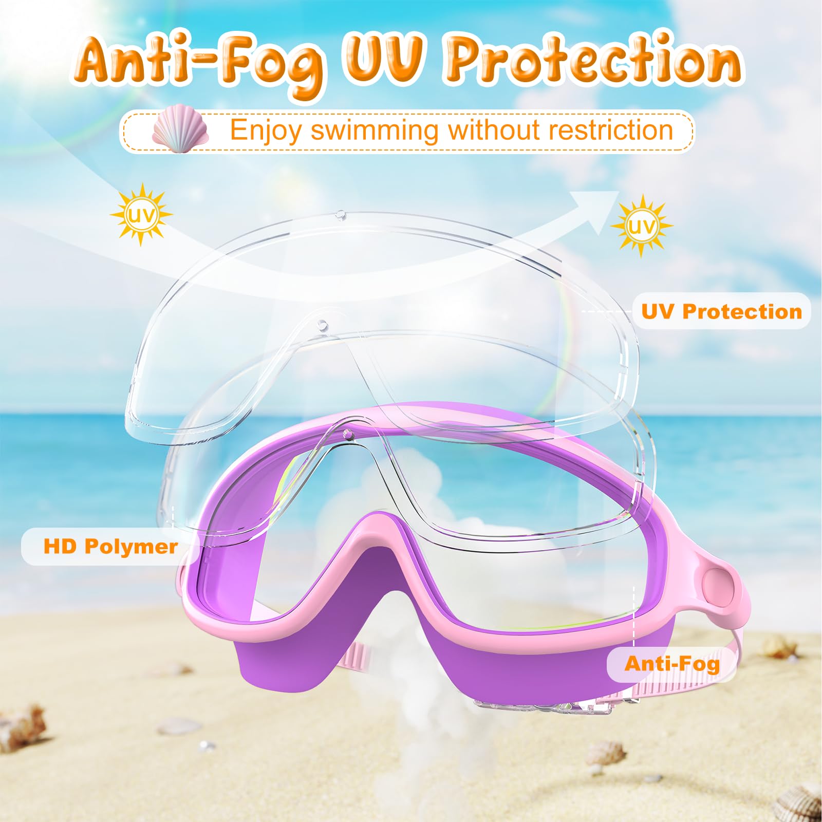 VegoVia Gafas de natación para niños, paquete de 2, antivaho, protección UV, visión amplia, gafas de natación para niños de 3 a 15 años, niños y niñas pequeños