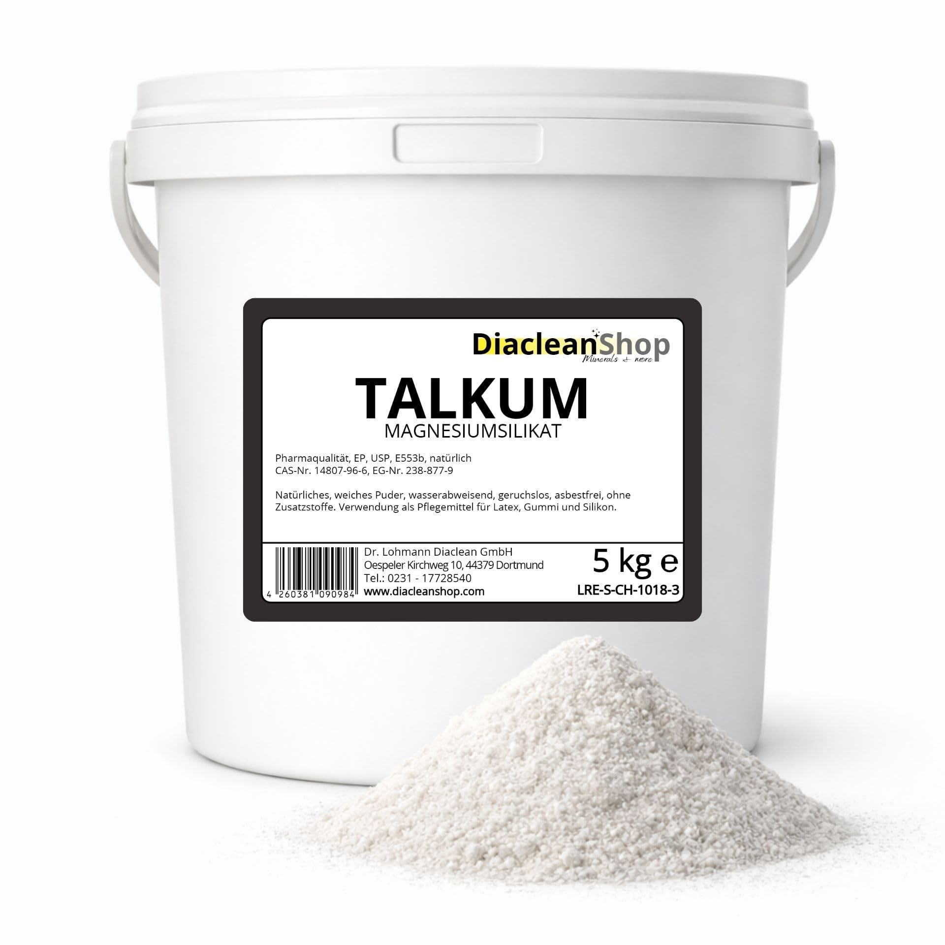 Diacleanshop Talkum 5kg – Talkumpuder Pulver Pharmaqualität – Hochreines Magnesiumsilikat – Asbestfrei – Fein gemahlen – Latexpflege, Gummi, Silikon