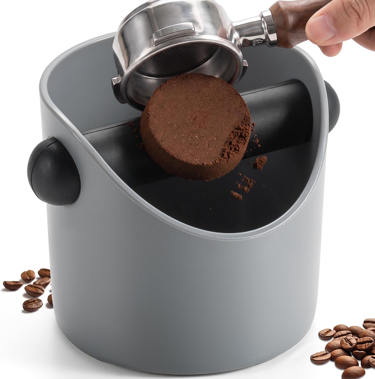 Li&Zhao Espresso Knock Box - Premium Knock Box for Espresso Machines with Non-Slip Base, Includes Brush and Dust Blower, Knock Box Espresso Accessory for Home, Suitable for 51-53mm Knock Box (Grey)