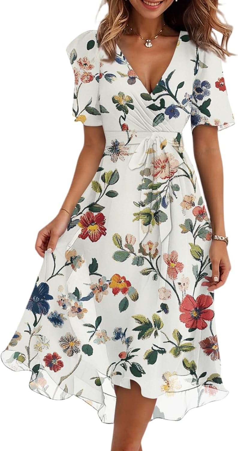 Summer Chiffon Midi Dresses for Women Elegant Classy V Neck Dress Wedding Guest Floral Prom Cocktail Dress with Belt