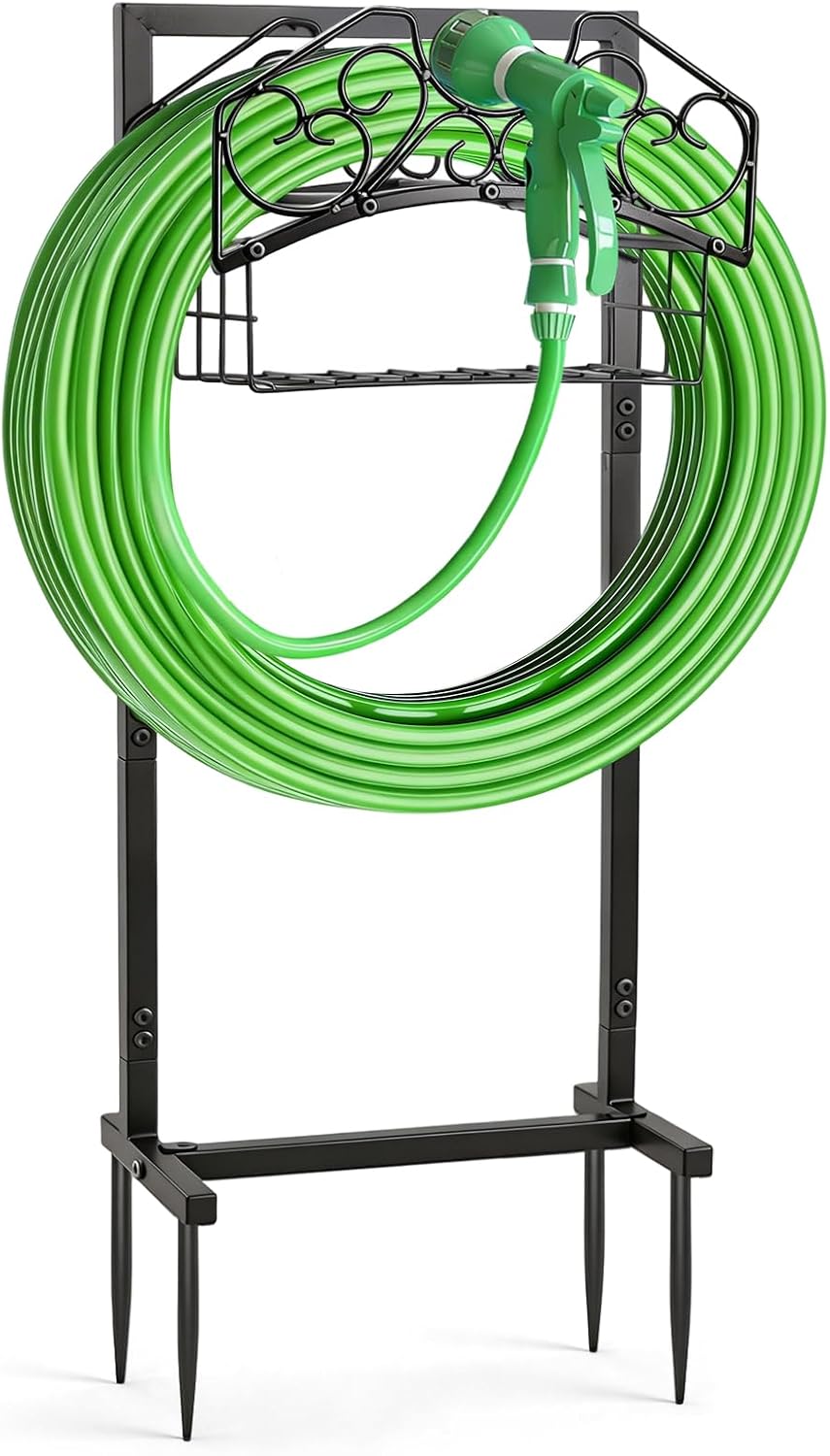 Garden Hose Holder, Freestanding Water Hose Holder Stand with Storage Basket, Sturdy Metal Garden Hoses Storage Rack Holds 150FT for Outside Yard Lawn Farm