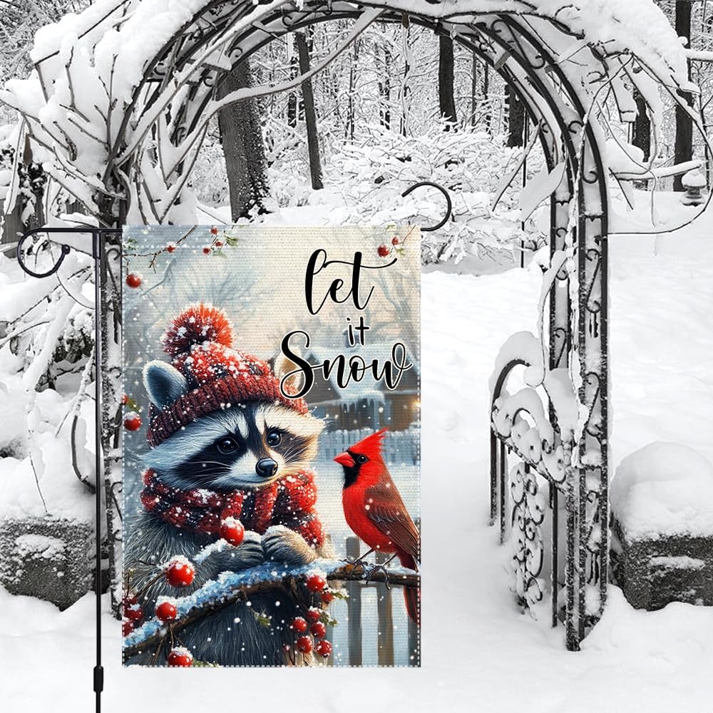 Winter Gardening Flag 12x18 inch Double-sided Cotton Fabric Garden Flag, Cute Red-Haired Bear Bird Snow Scene Outdoor Decor Flags, Christmas Winter Seasonal Welcome Flag - Image 2
