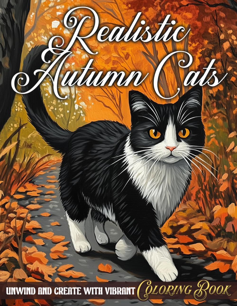 Realistic Autumn Cats Coloring Book: Whimsical Whiskers Hearth Coloring Pages featuring Vibrant Feline Portraits and Simple Cozy Fall Landscape Scenes for Adults