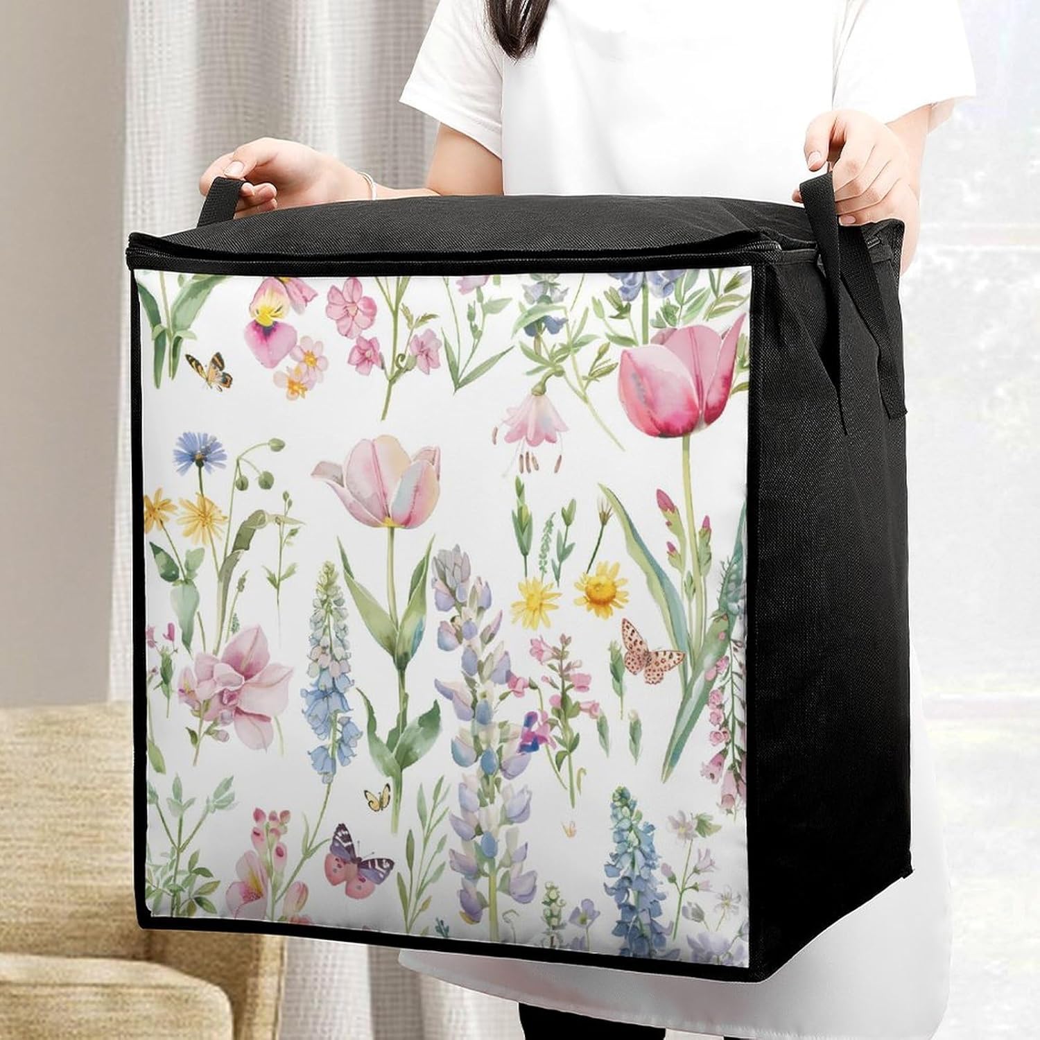 Flowers Tulip Butterflies Large Comforter Blanket Storage Bags Bins 70L Closet Organizer with Handles