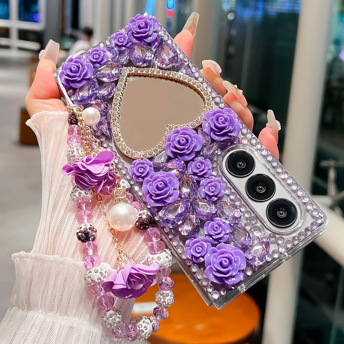 for Samsung Galaxy Z Fold 7 Bling Case Diamond Flower Sparkle Glitter Crystal Rhinestone Pearl Cute Love-Heart Mirror Wrist Bracelet Lanyard Cover for Girls Women for Galaxy Z Fold 7,Purple