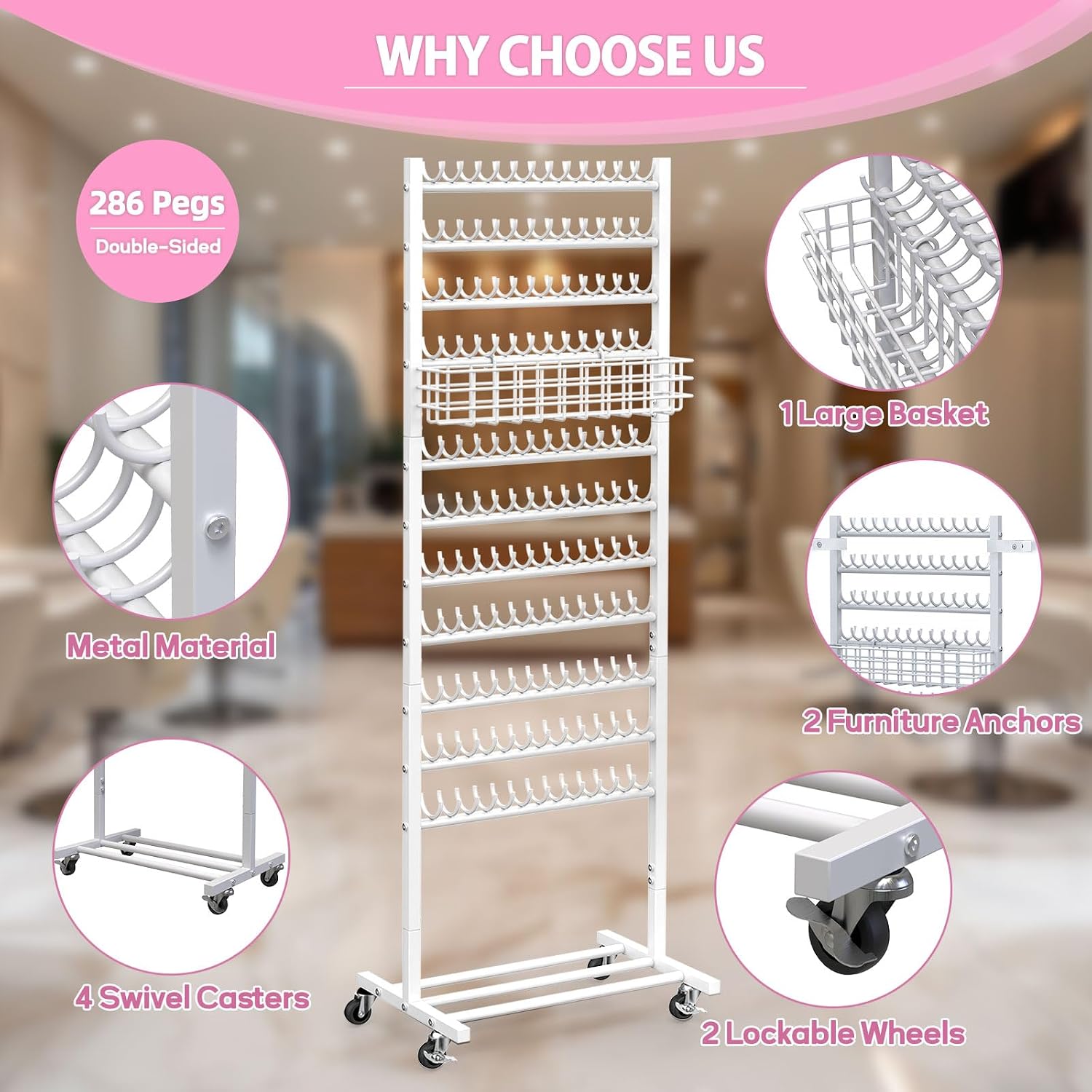 2-Sided Braiding Hair Rack with Wheels, Standing Hair Extension Holder with Salon Tray, Braiding Rack Stand for Hair, 286 Pegs Hair Racks for Braiders Standing, Hair Stand for Braiding Hair (White)