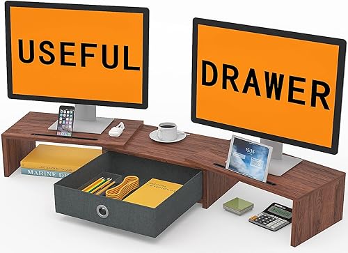 WESTREE Soporte elevador de monitor doble con cajón y monitor para 2 monitores, longitud y ángulo ajustables, 2 soportes para teléfono, soporte
