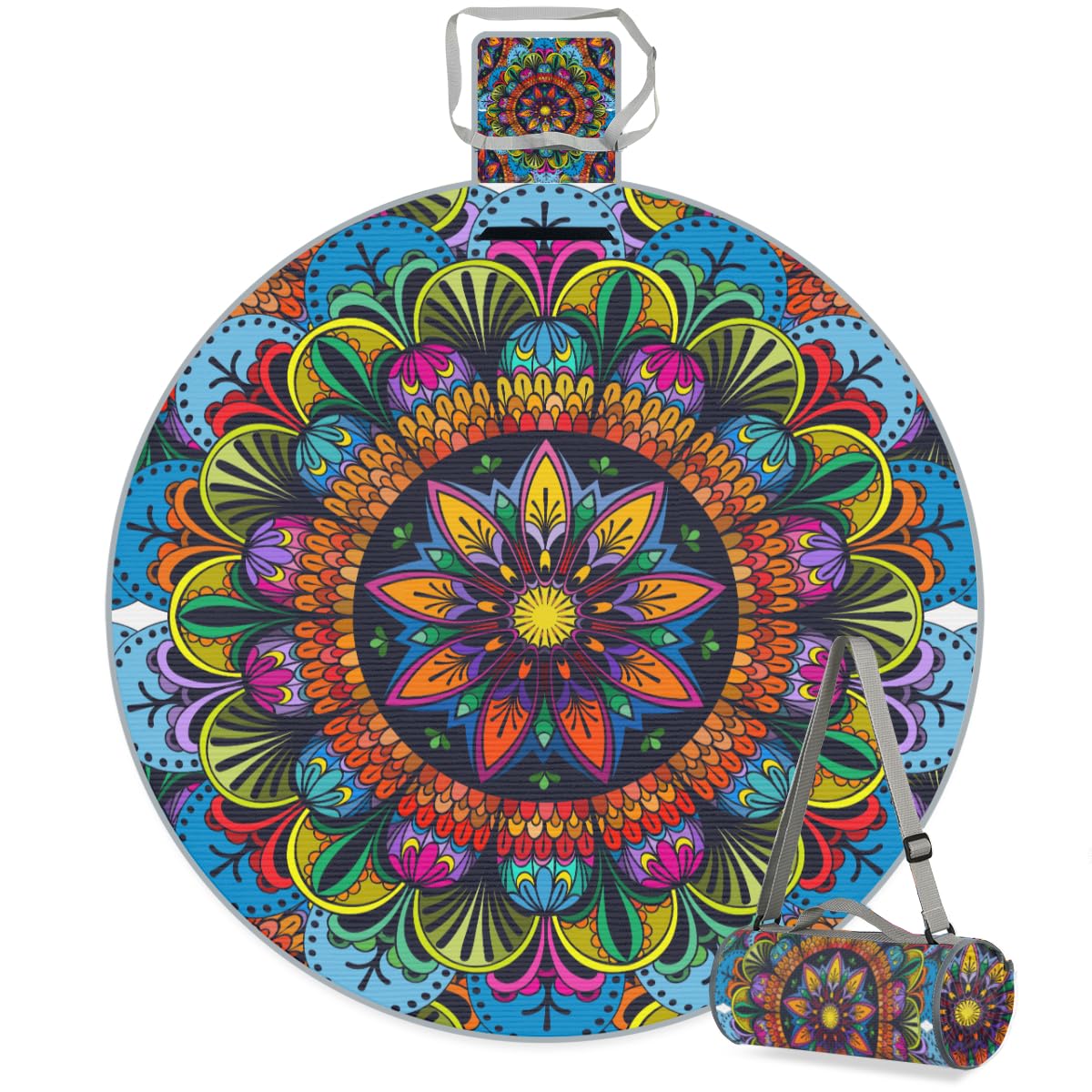 Shimoshe Indian Tribe Mandala Picnic Outdoor Blanket Foldable Waterproof Sandproof Beach Blanket Portable Water-Resistant Round Picnic Mat for Travel Camping Park Lawn