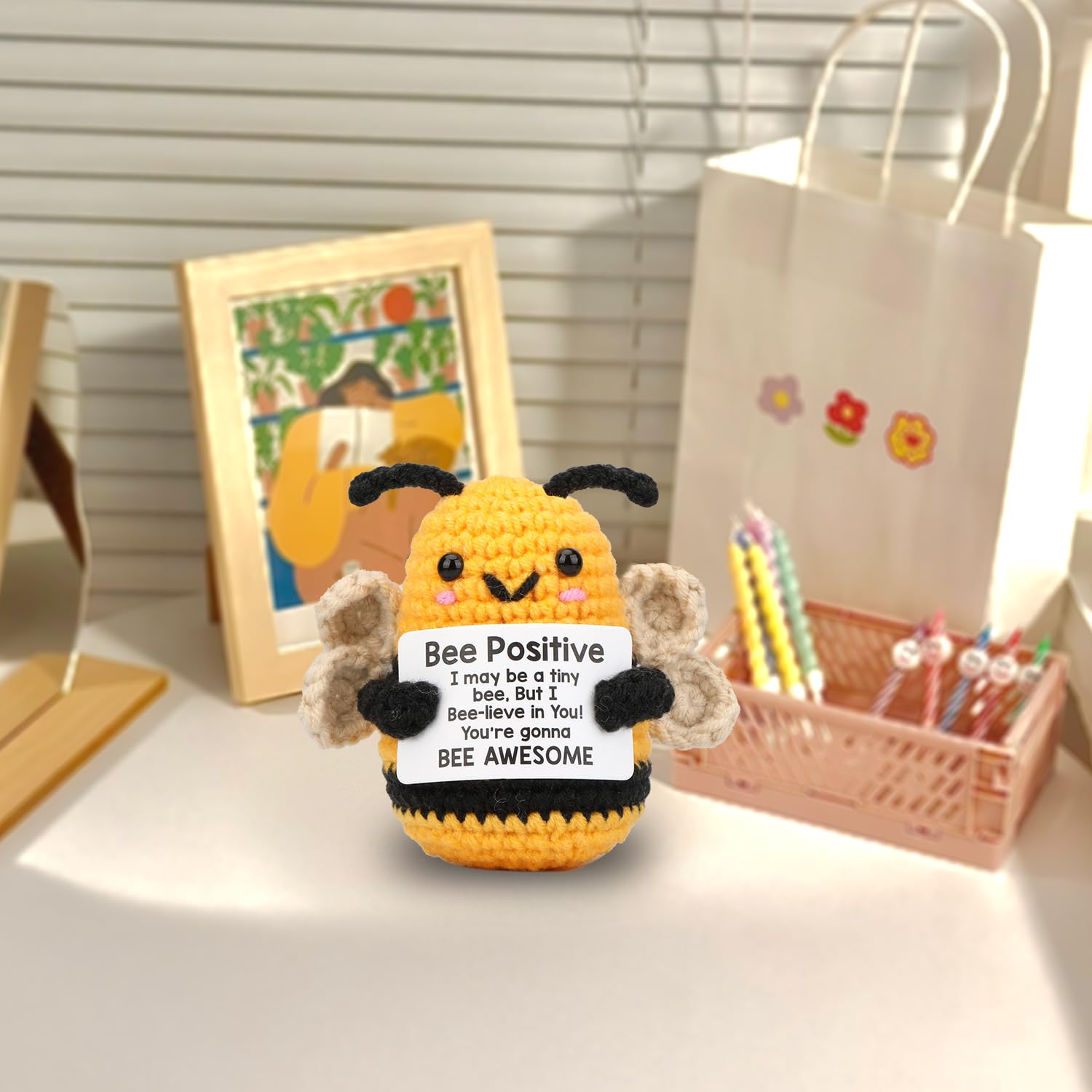 Handmade Crochet Sunflower Bee - Mini Cute Plush With Positive Card, Gift For Women, Friends, Emotional Support - View #7