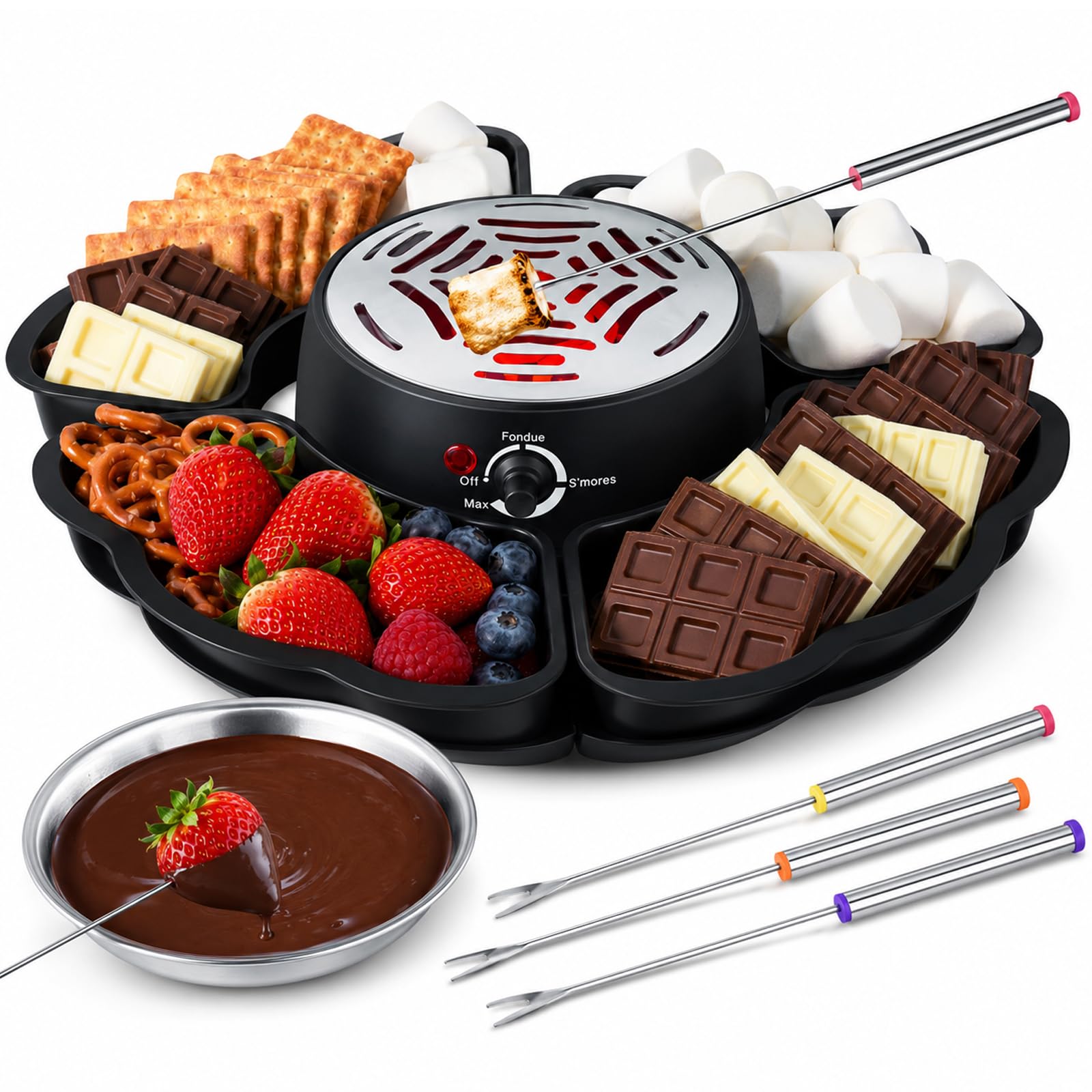 Set 2 en 1 de S'Mores y Fondue, Tostador sin Llama con 3 Niveles de Calor