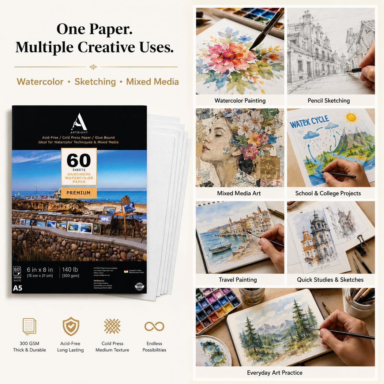 ArtRight Artists Watercolor Paper (A5 Pack of 60 Sheets, 300 GSM); Handmade Watercolour Paper for Artists 2
