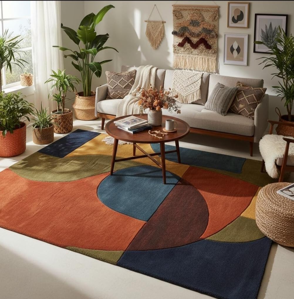 Modern Abstract Area Rug, Multi-Color Geometric Pattern, Hand-Tufted Wool, Contemporary Living Room Decor (8 * 10 feet)