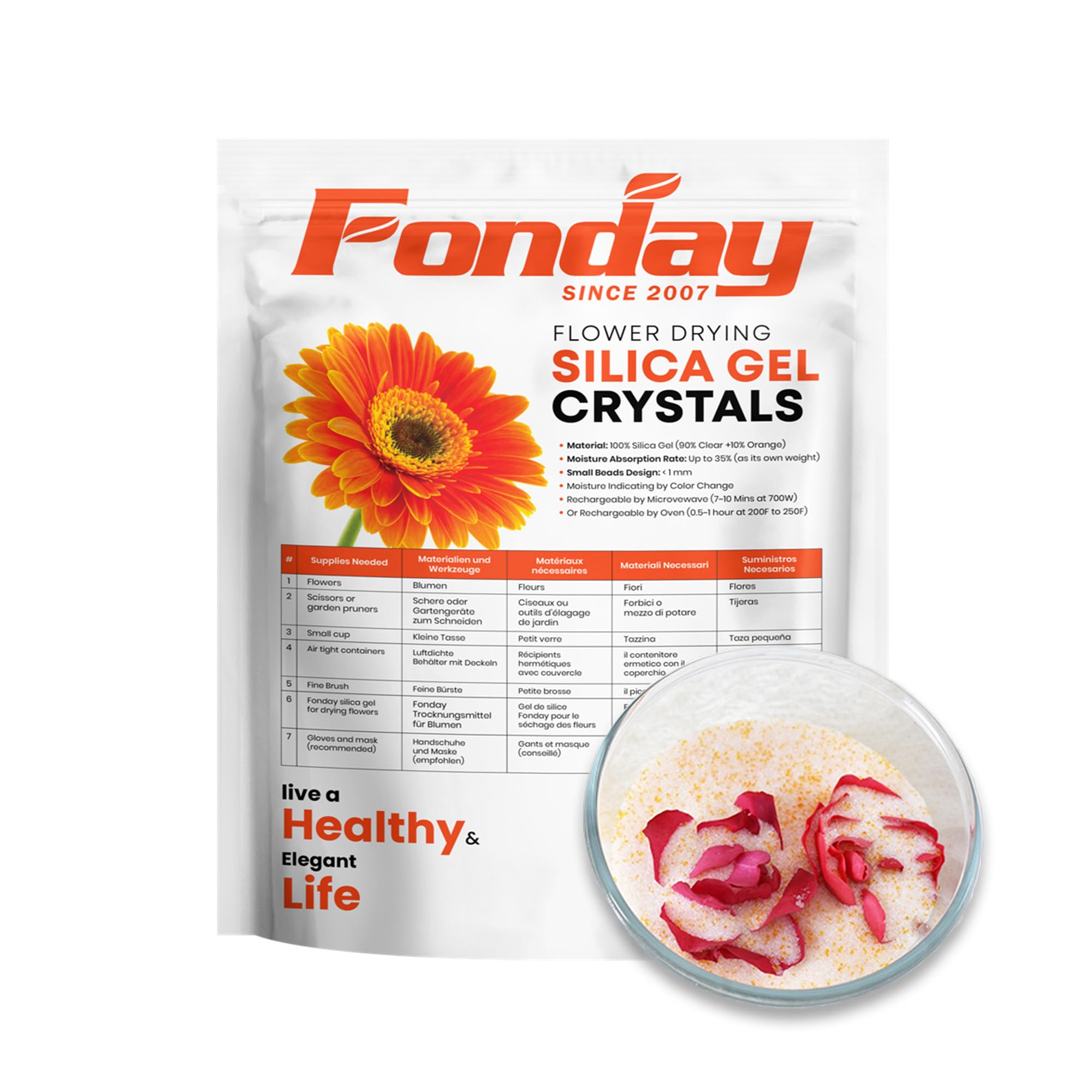 2LBS Fonday Silica Gel Flower Drying Crystals for Wedding Bouquet Preservation Color Indicating Reusable Bead Size Less Than 1mm