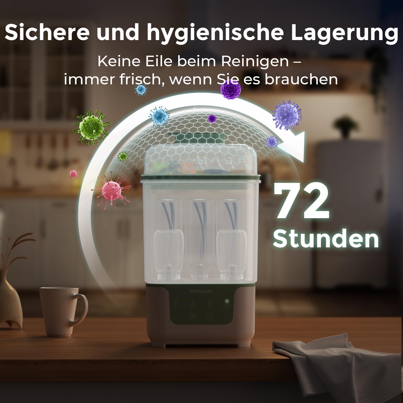 Momcozy Dampfsterilisator und Trockner für Babyflaschen | 4-in-1 kompakte Flaschensterilisator mit Trocknerfunktion | 6 Flaschen, 8 Min Schnellsterilisation, BPA-frei | Für Milchpumpe Zubehör